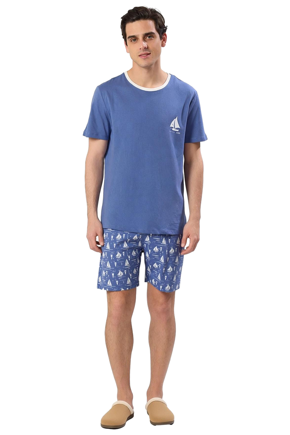 Erkek Bisiklet Yaka Kısa Kollu Baskılı Pijama Takımı Fonksiyonel Dayanıklı Kaliteli Modern