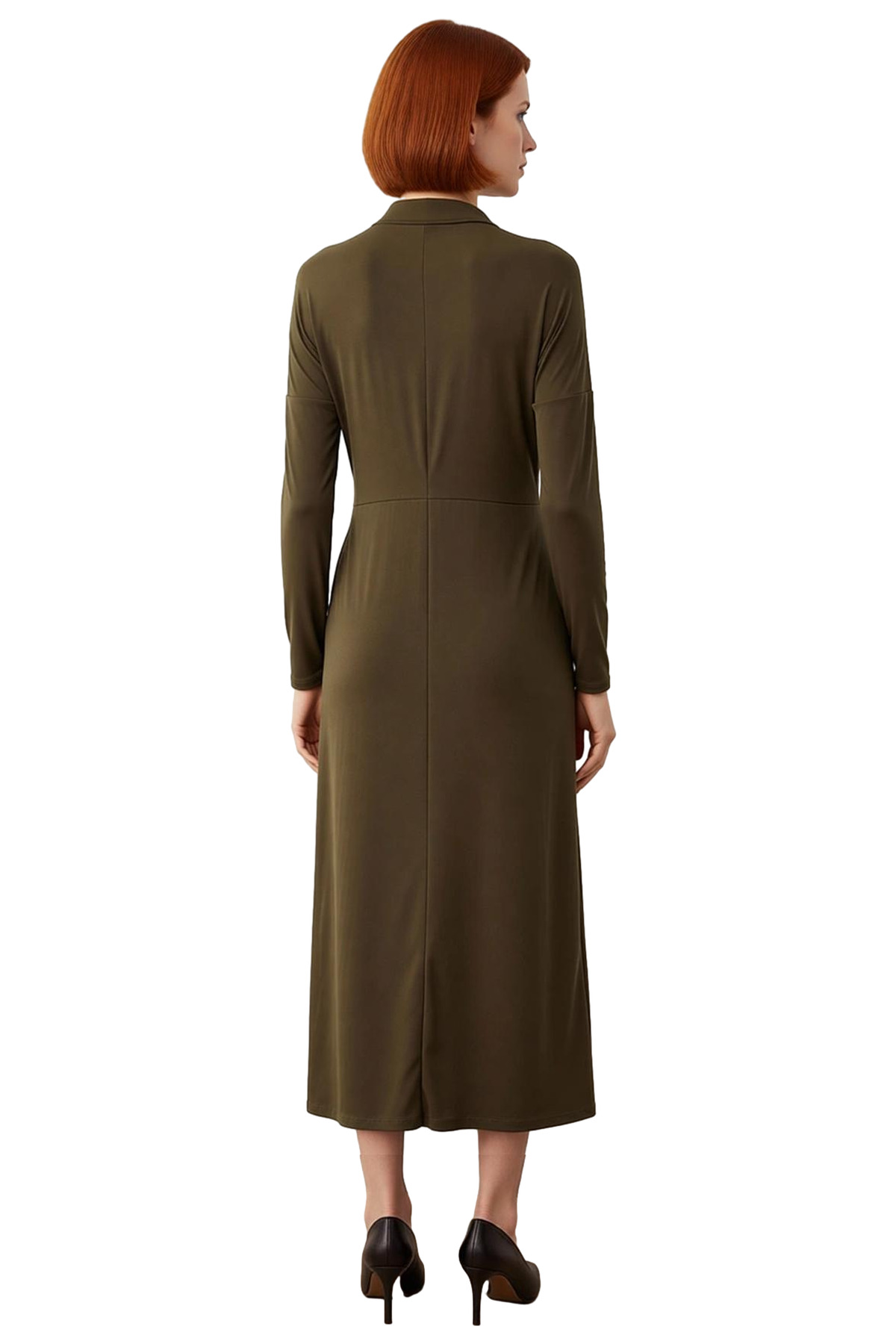 Kadın Dik Yaka Uzun Kollu Sandy Örme Bodycon Maxi Elbise Şık Toka Detaylı Günlük Kombinler İçin