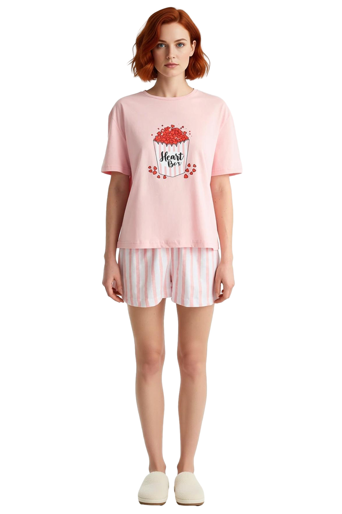 Kadın Pamuklu Çizgili Pijama Takımı Kısa Kol Bisiklet Yaka Yazlık Modern Stil Rahat Ve Şık