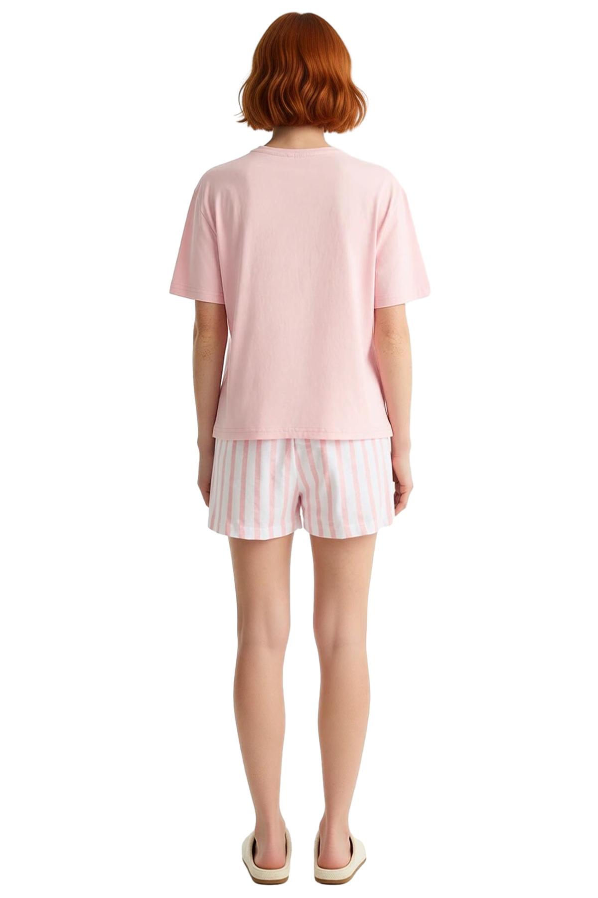 Kadın Pamuklu Çizgili Pijama Takımı Kısa Kol Bisiklet Yaka Yazlık Modern Stil Rahat Ve Şık