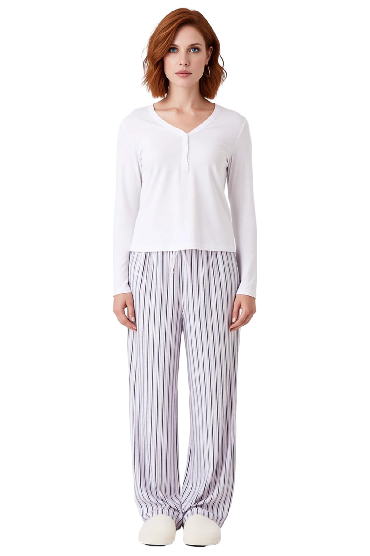 Kadın Lila Çizgili Viskon Pijama Takımı Rahat Ev Giyim Fonksiyonel Dayanıklı Kaliteli Spor