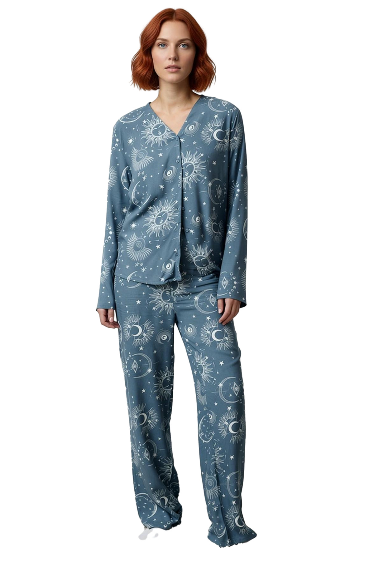 Kadın Galaksi Desenli Viskon Pijama Takımı Fonksiyonel Dayanıklı Kaliteli Konforlu Estetik