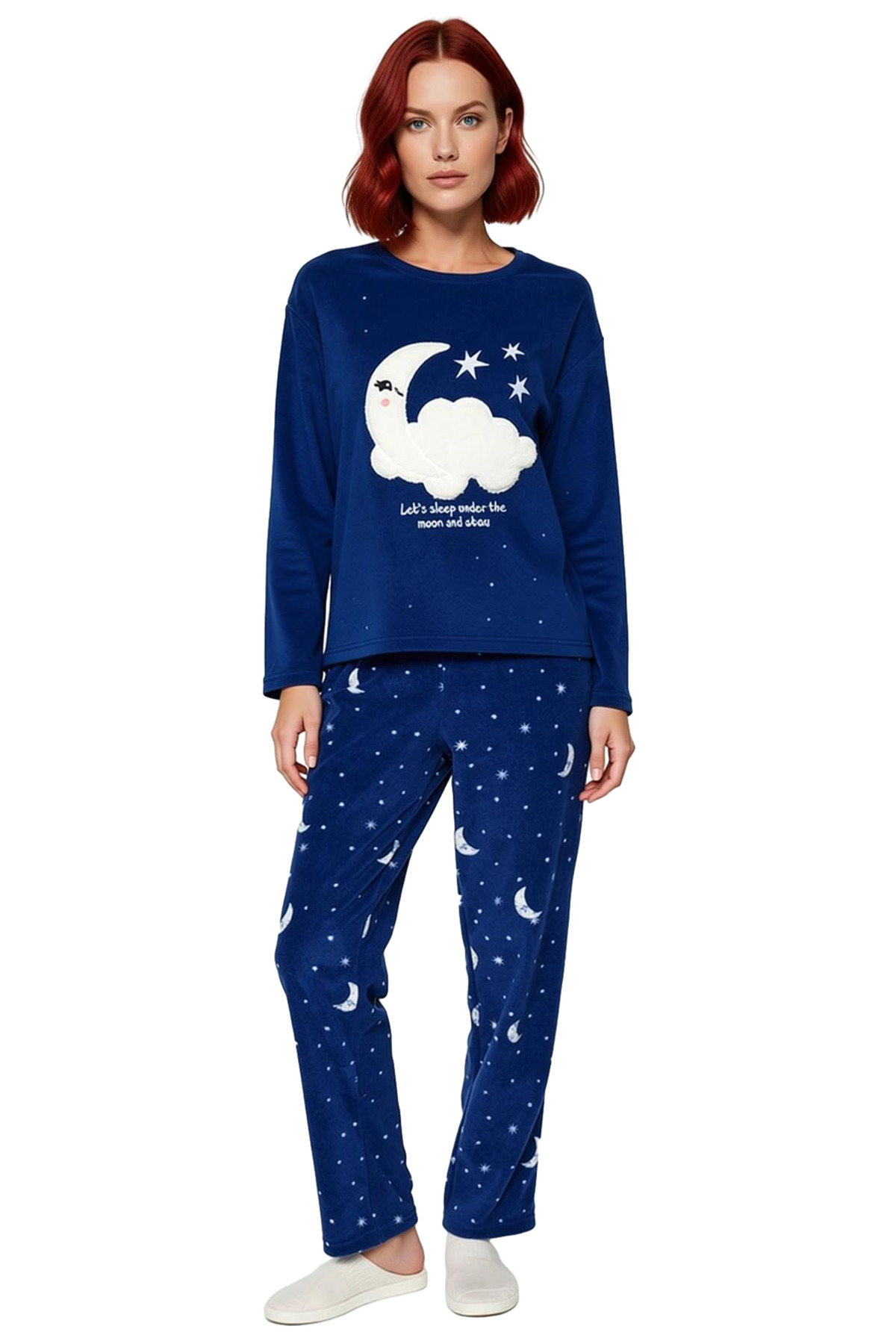 Kadin Ay Yıldız Desenli Polar Pijama Takımı Fonksiyonel Dayanıklı Kaliteli Konforlu Modern