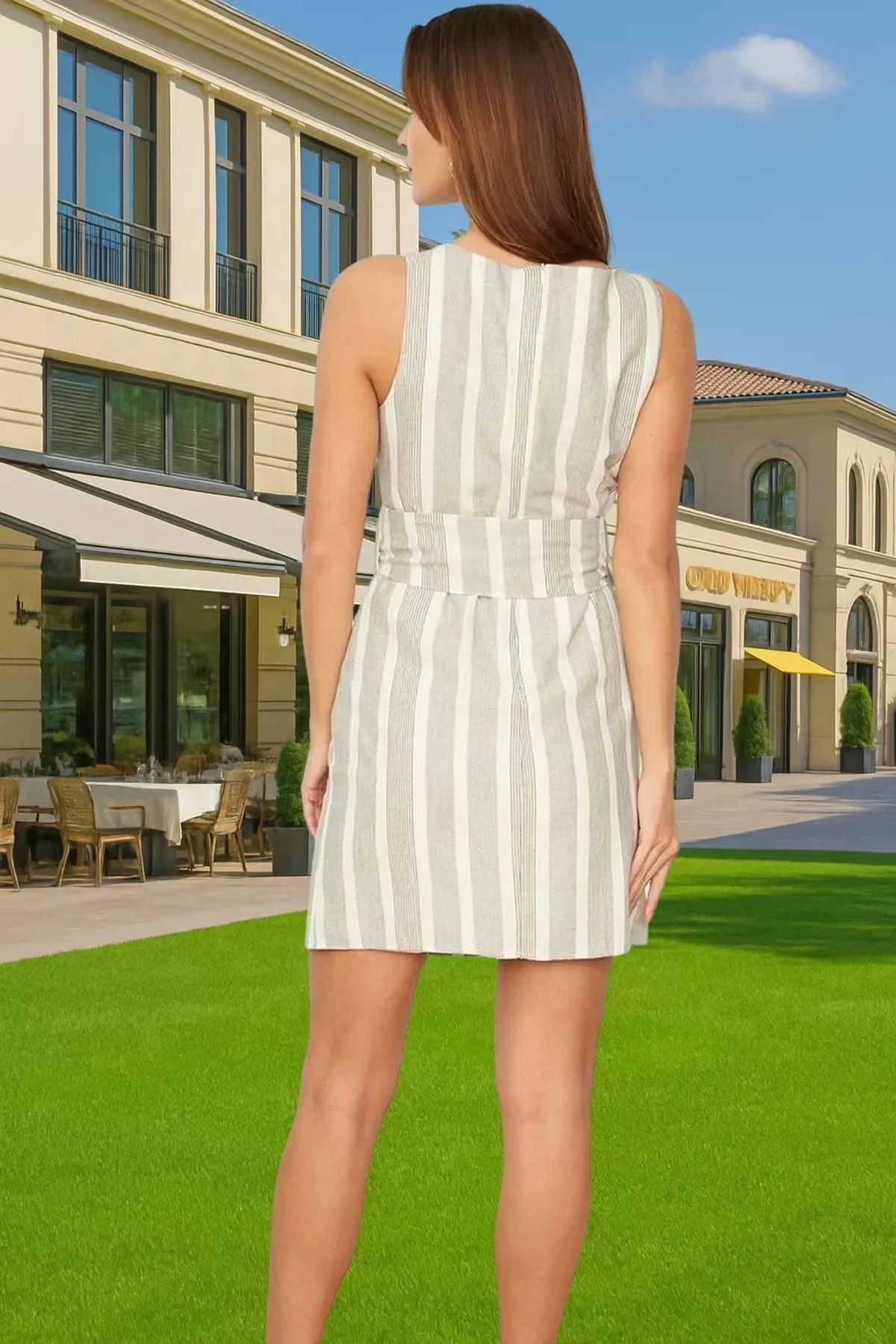 Kadın Keten Görünümlü Çizgili Mini Elbise Kemerli Yazlık Günlük Stil Yaz Aylarının Vazgeçilmezi