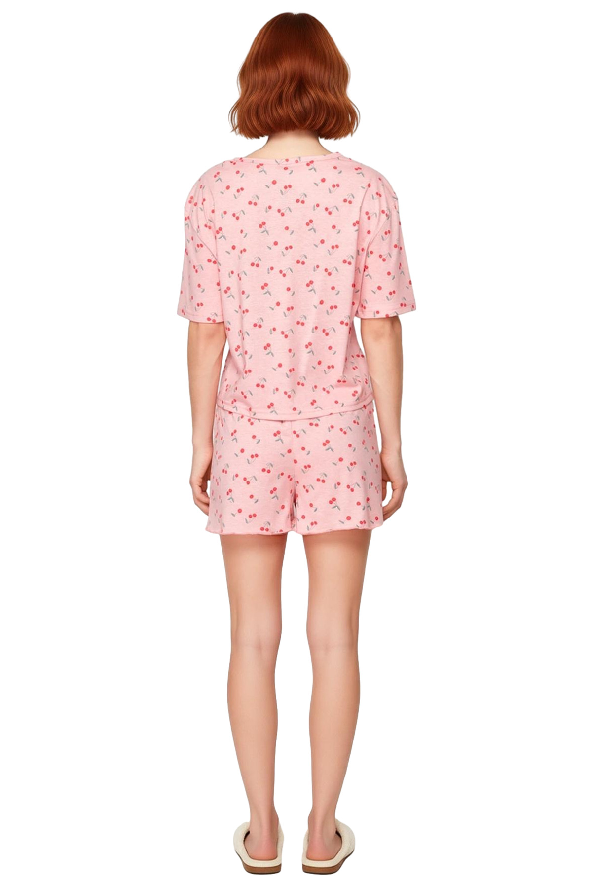 Kadın Kısa Kollu Pamuklu Polyester Kiraz Desenli Pijama Takımı Mükemmel Uyum Yüksek Kalite