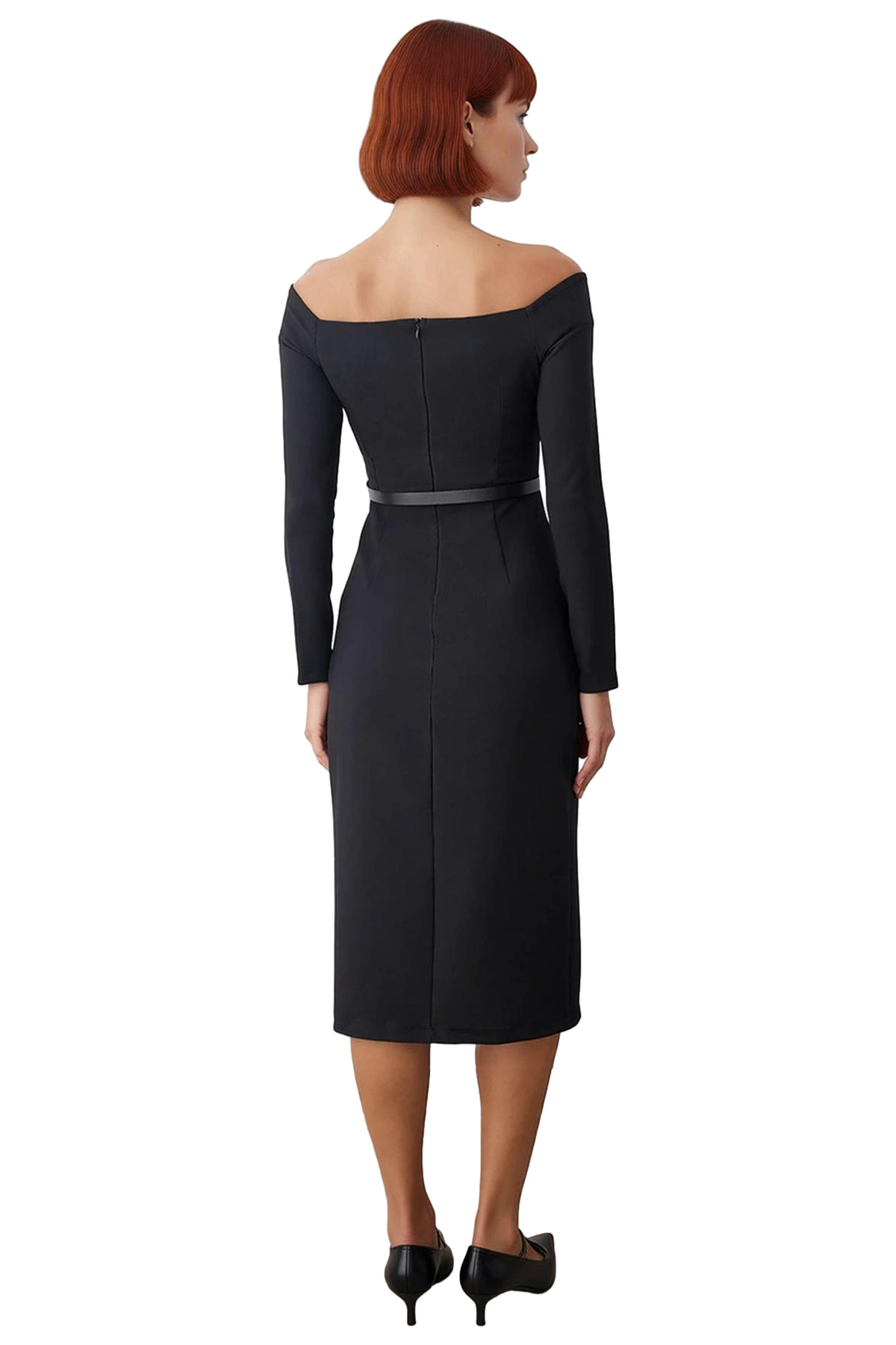 Kadınlar İçin Carmen Yaka Bodycon Midi Elbise Kemer Detaylı Uzun Kollu Şık Dokuma Tasarım Kaliteli