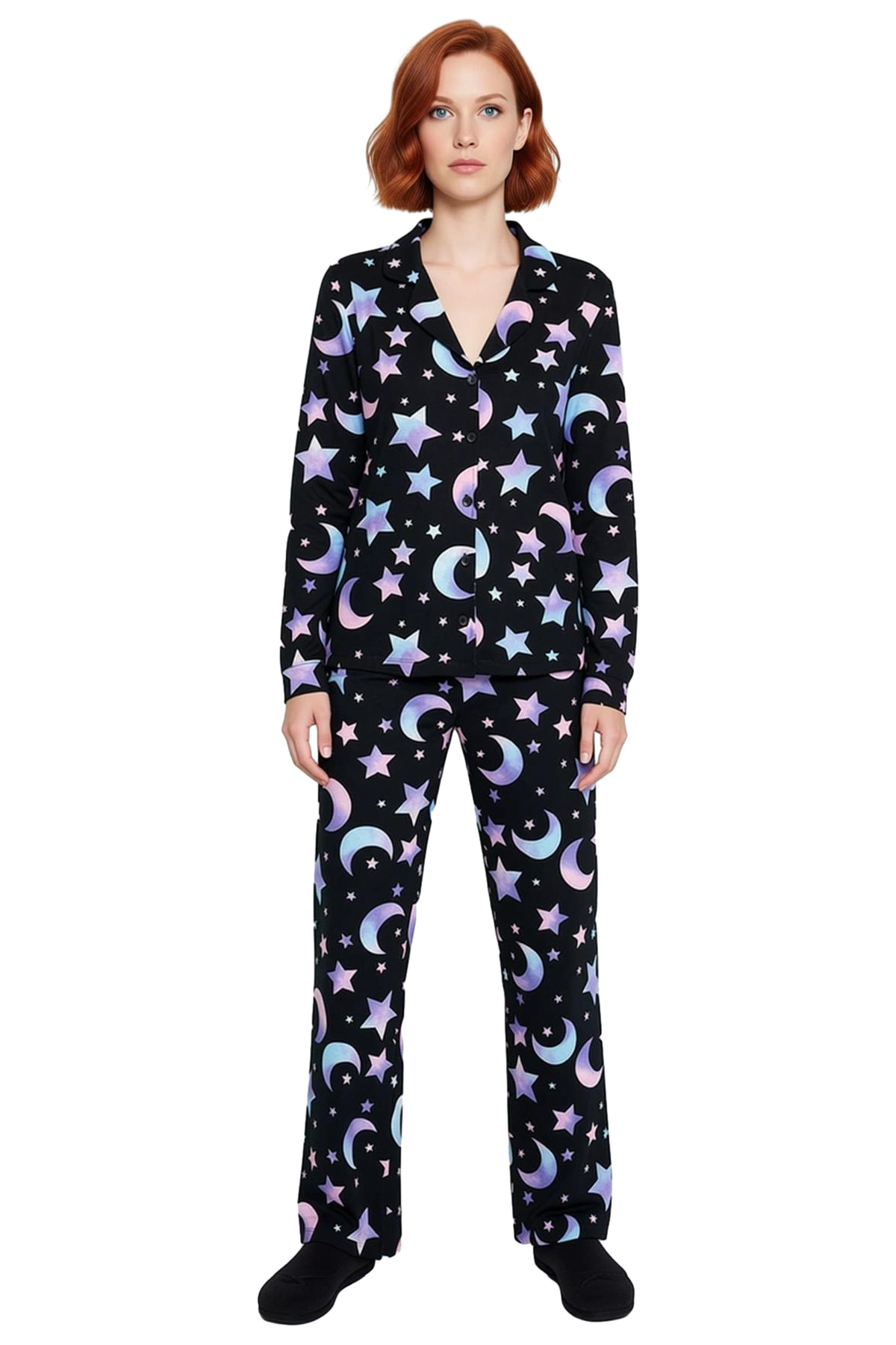 Kadın Uzun Kollu %100 Pamuklu Pijama Takımı Galaksi Desenli Rahat Konforlu Kesim