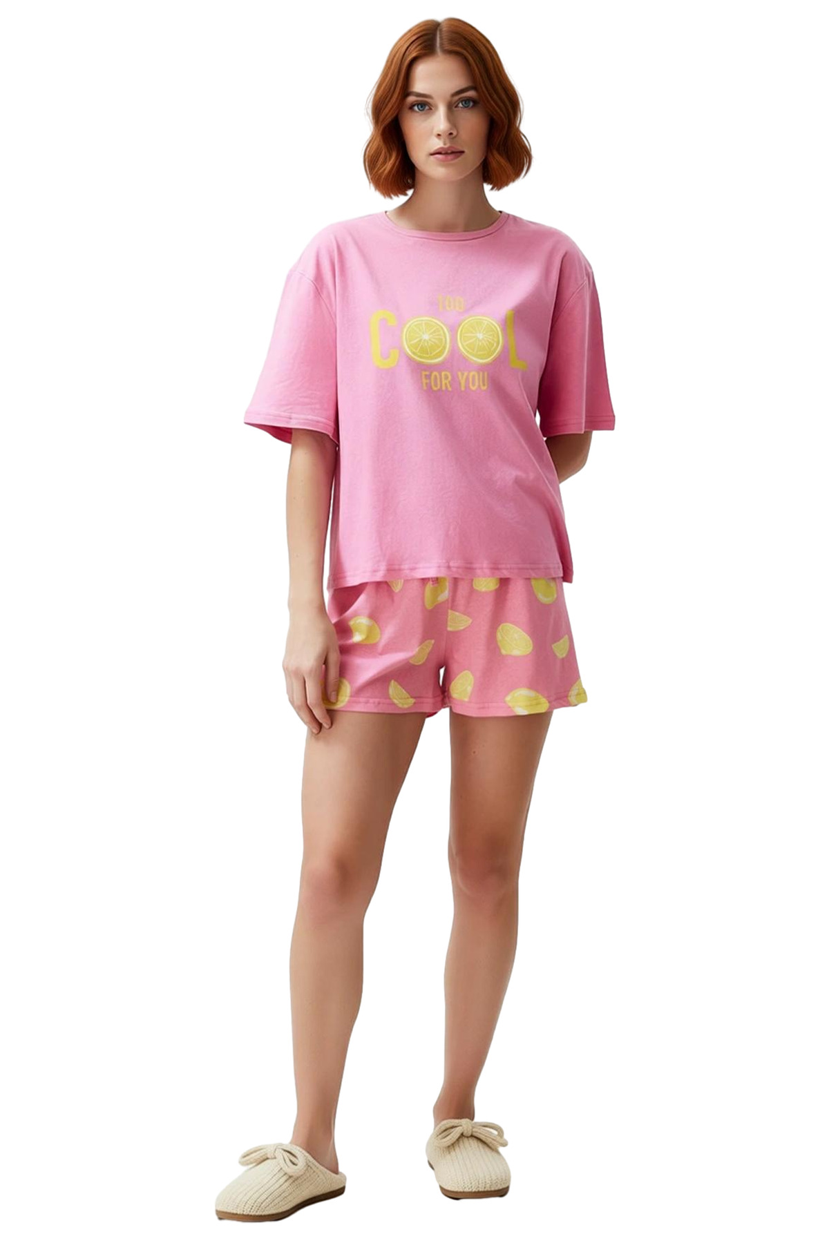 Kadın Pamuklu Kısa Kollu Pijama Takımı Limon Baskılı Yazlık Rahat Ve Şık Zarif Tasarım