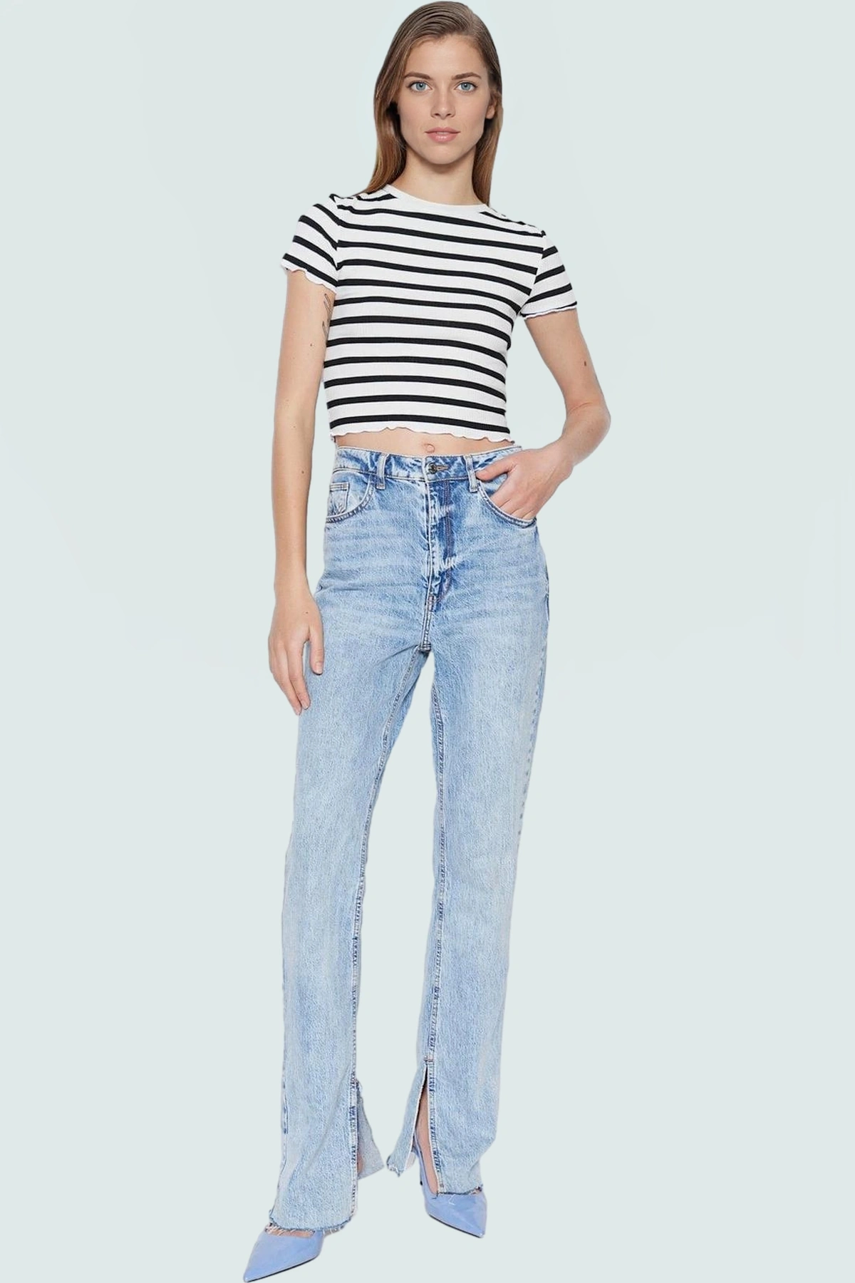Çizgili Fitted Crop Kısa Kollu Örme Bluz Rahat Günlük Stil Zarifane Tasarım Premium Kalite
