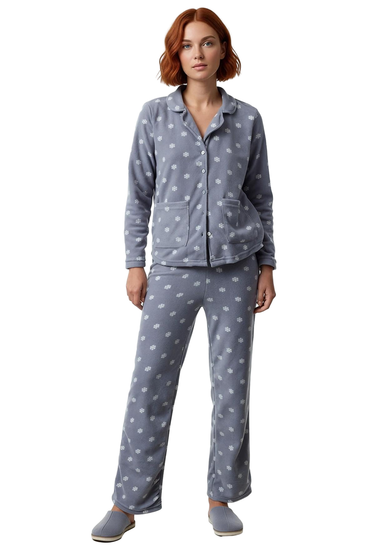 Kadın Kışlık Polar Örme Pijama Takımı Baskılı Desenli Uzun Paça Yüksek Kalite Rahat Ve Şık
