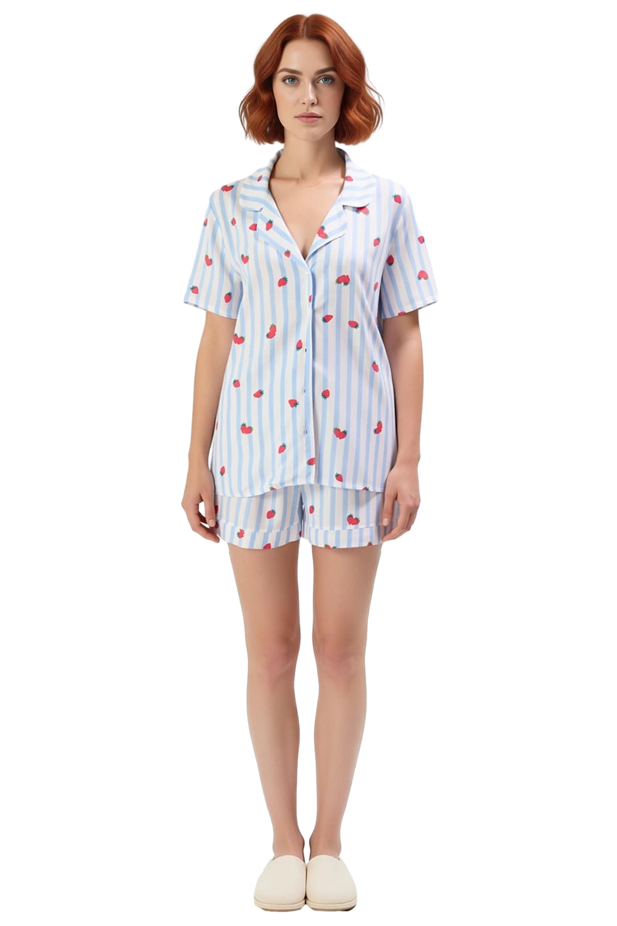 Kadın Rahat Viskoz Pijama Takımı Çizgili Desenli Kısa Kollu Yazlık Seçkin Malzeme Modern Stil