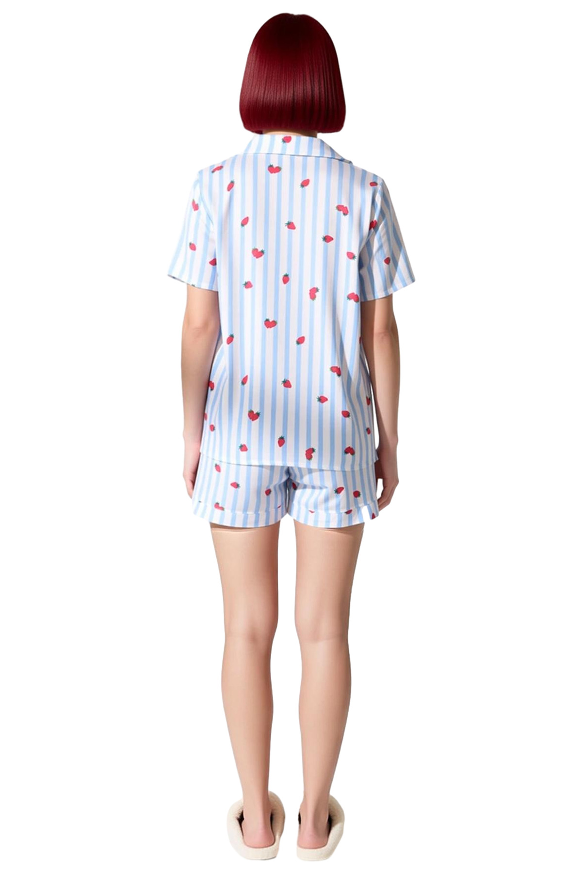 Kadın Rahat Viskoz Pijama Takımı Çizgili Desenli Kısa Kollu Yazlık Seçkin Malzeme Modern Stil