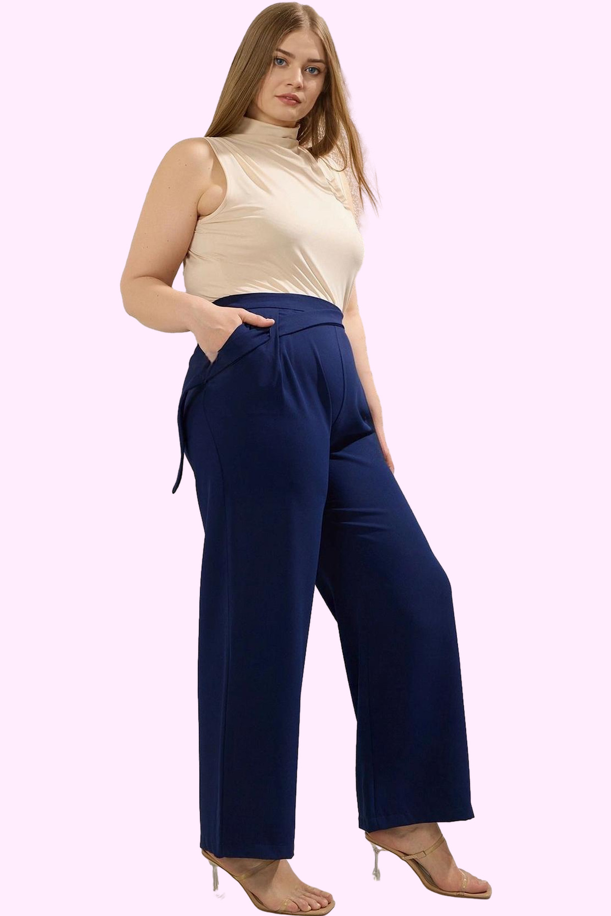 Kadın Moda Yüksek Bel Geniş Paça Dokuma Pantolon Büyük Beden İş Ve Günlük Yazlık