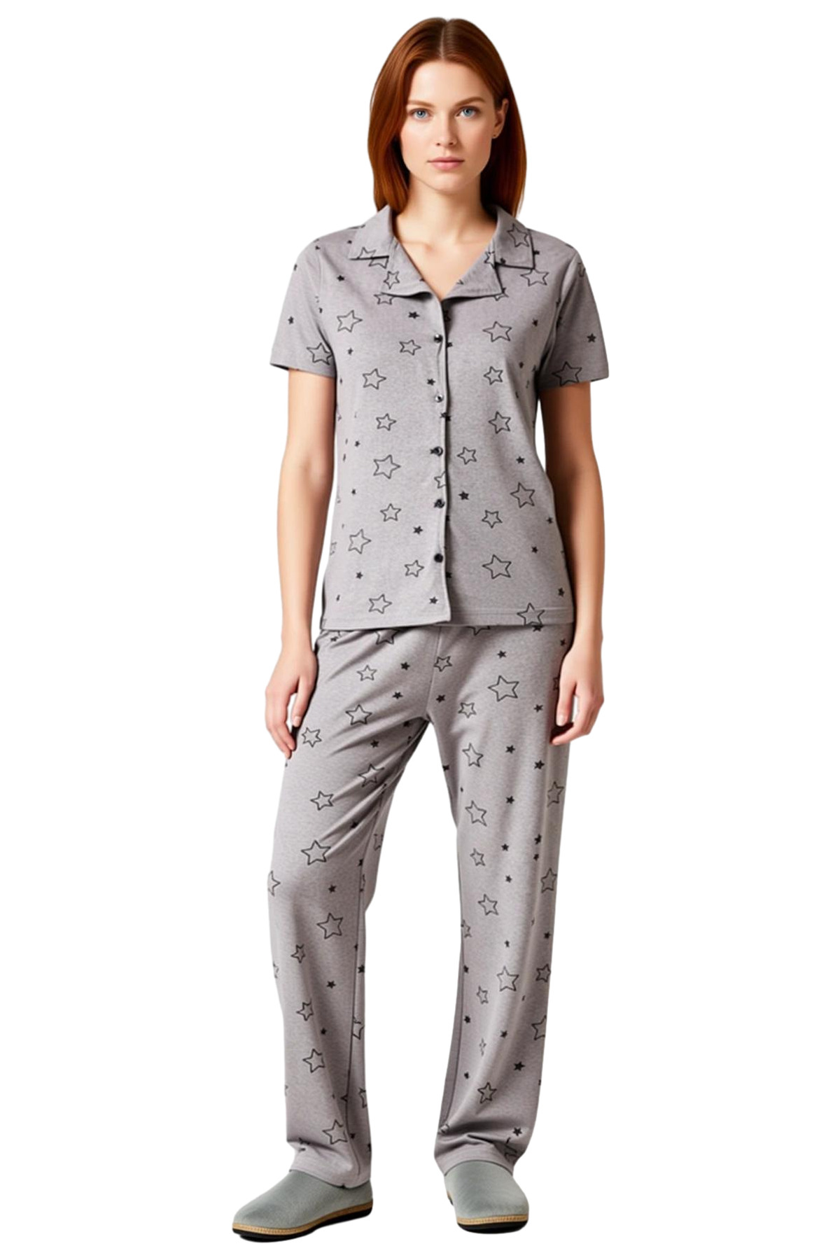Kadın Melanj Yıldız Desenli Gömlek Yaka Pijama Takımı Fonksiyonel Dayanıklı Kaliteli Rahat