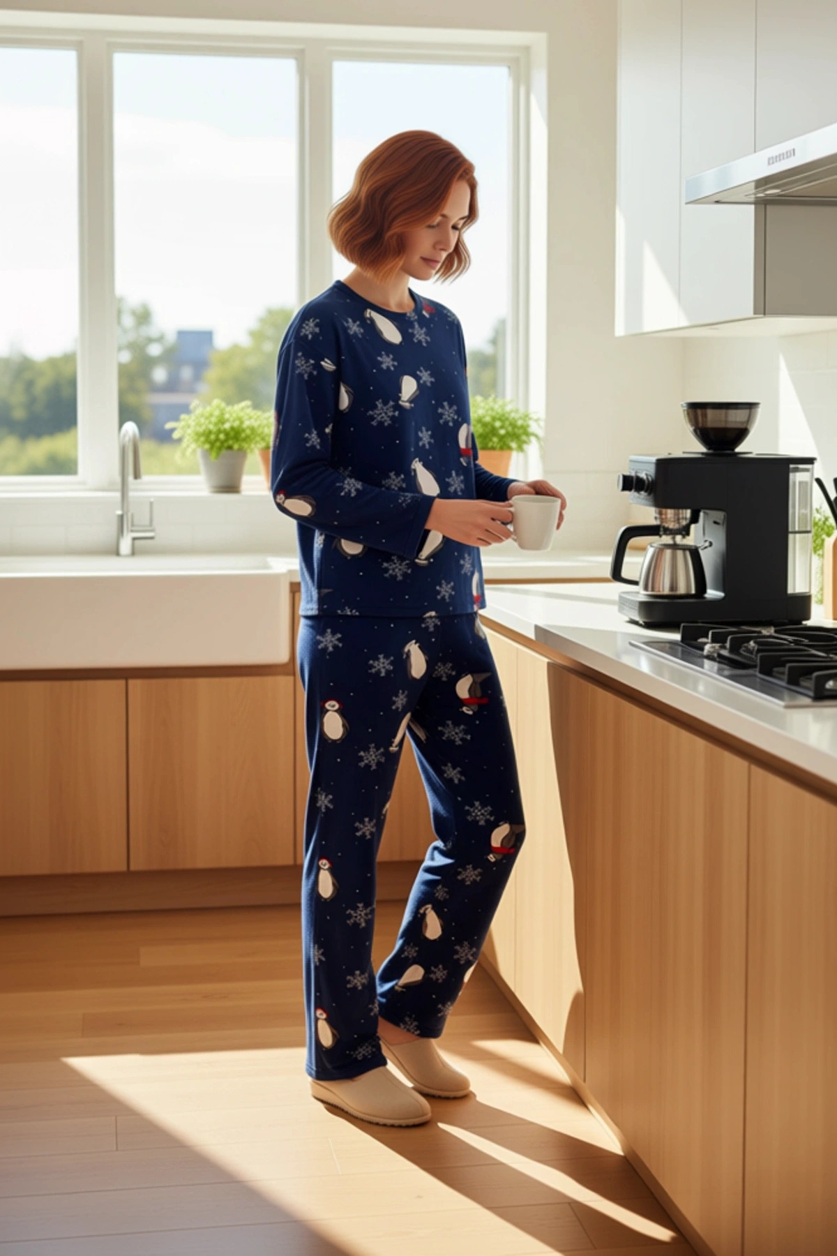 Kadın Penguen Desenli Polar Pijama Takımı Kışlık Ev Giyimi Fonksiyonel Dayanıklı Kaliteli Şık