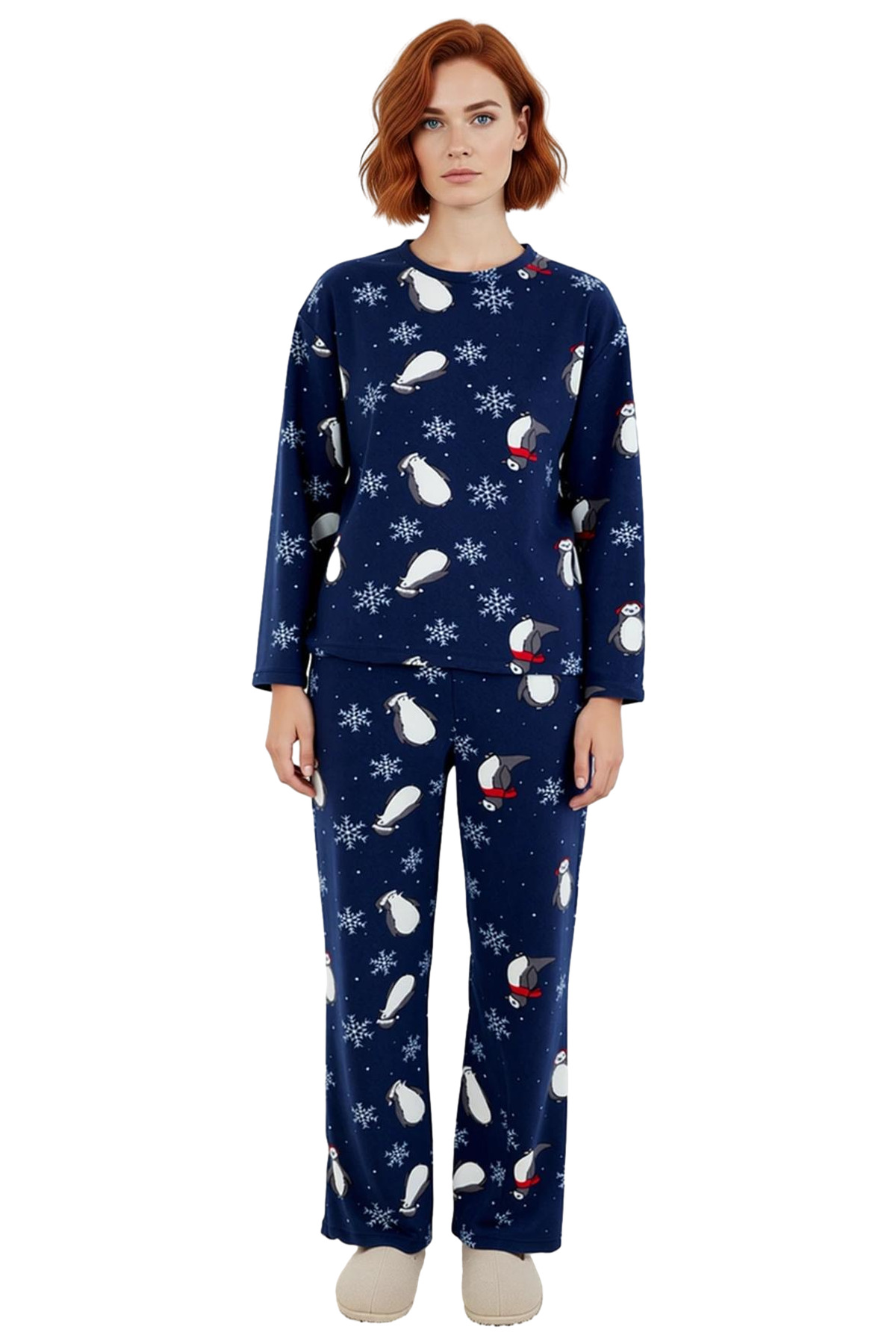 Kadın Penguen Desenli Polar Pijama Takımı Kışlık Ev Giyimi Fonksiyonel Dayanıklı Kaliteli Şık