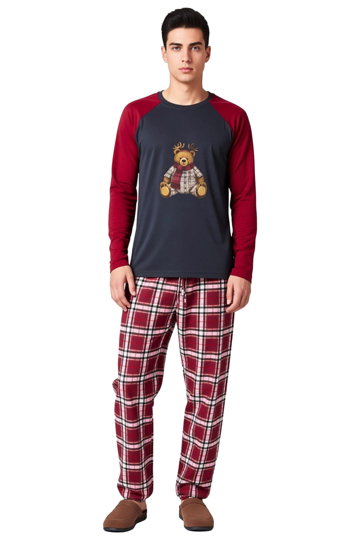 Erkek Ayıcık Baskılı Ekose Pijama Takımı Fonksiyonel Dayanıklı Kaliteli Konforlu Estetik Şık