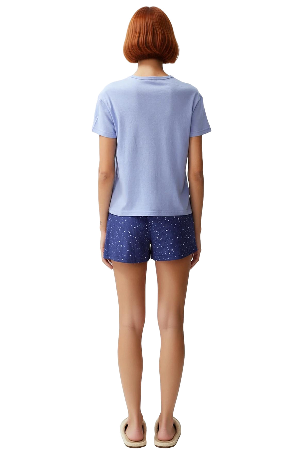 Kadın Rahat Pamuklu Pijama Takımı Yıldız Desenli Şortlu Yazlık Trend Tasarım Seçkin Malzeme