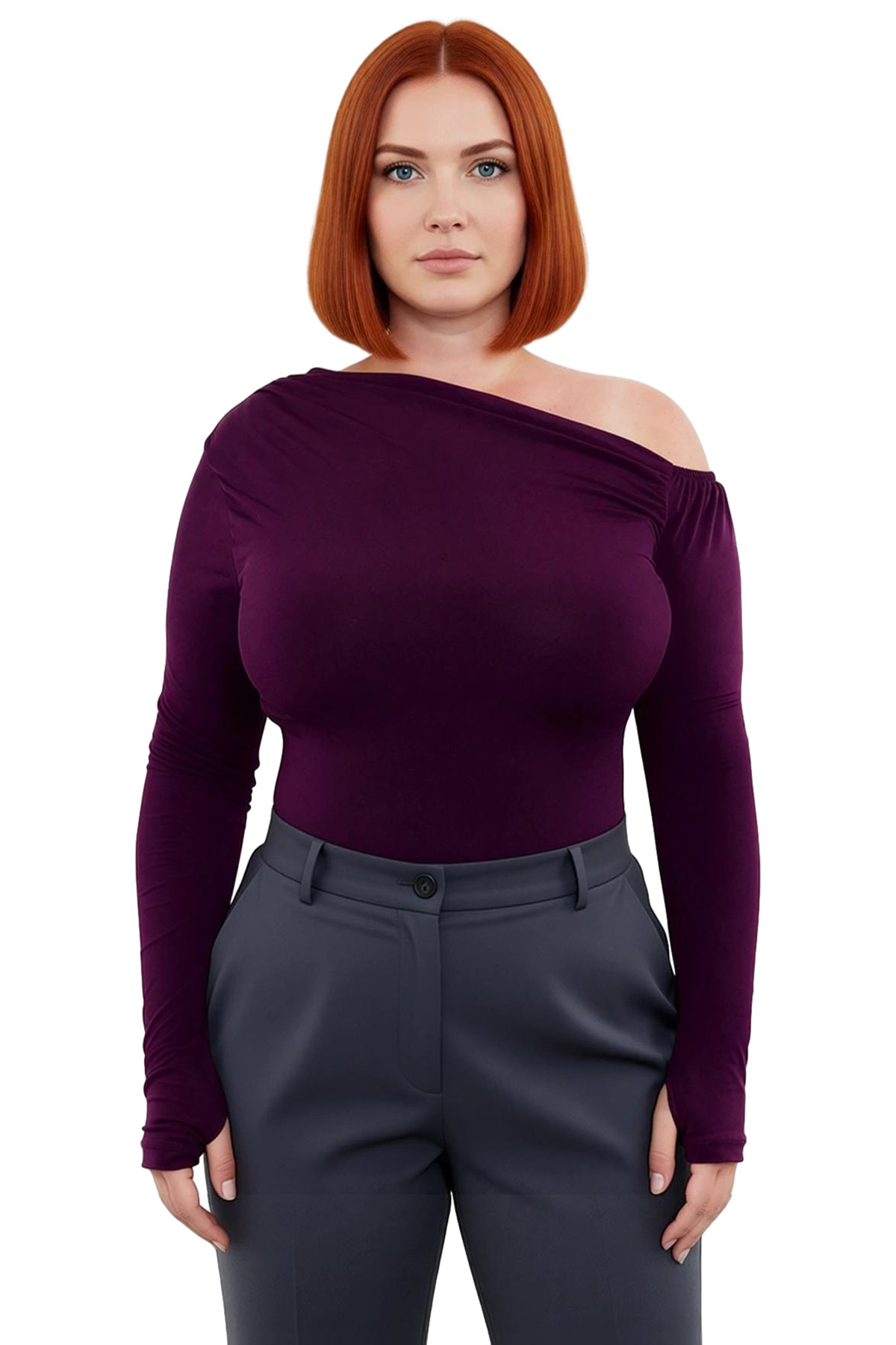 Kadın Asimetrik Yaka Büzgülü Sandy Dokuma Polyester Bluz Günlük Kullanıma Uygun Uzun Kollu