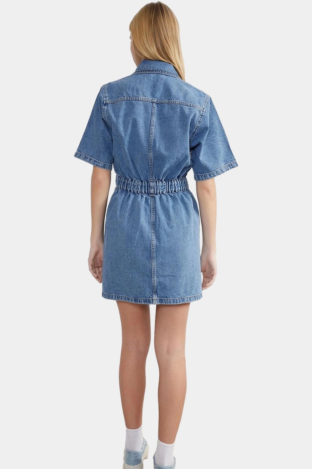 Kadın Mini Denim Elbise Fermuar Detaylı Standart Kol Pamuk Günlük Stil Yaz Aylarının Vazgeçilmezi