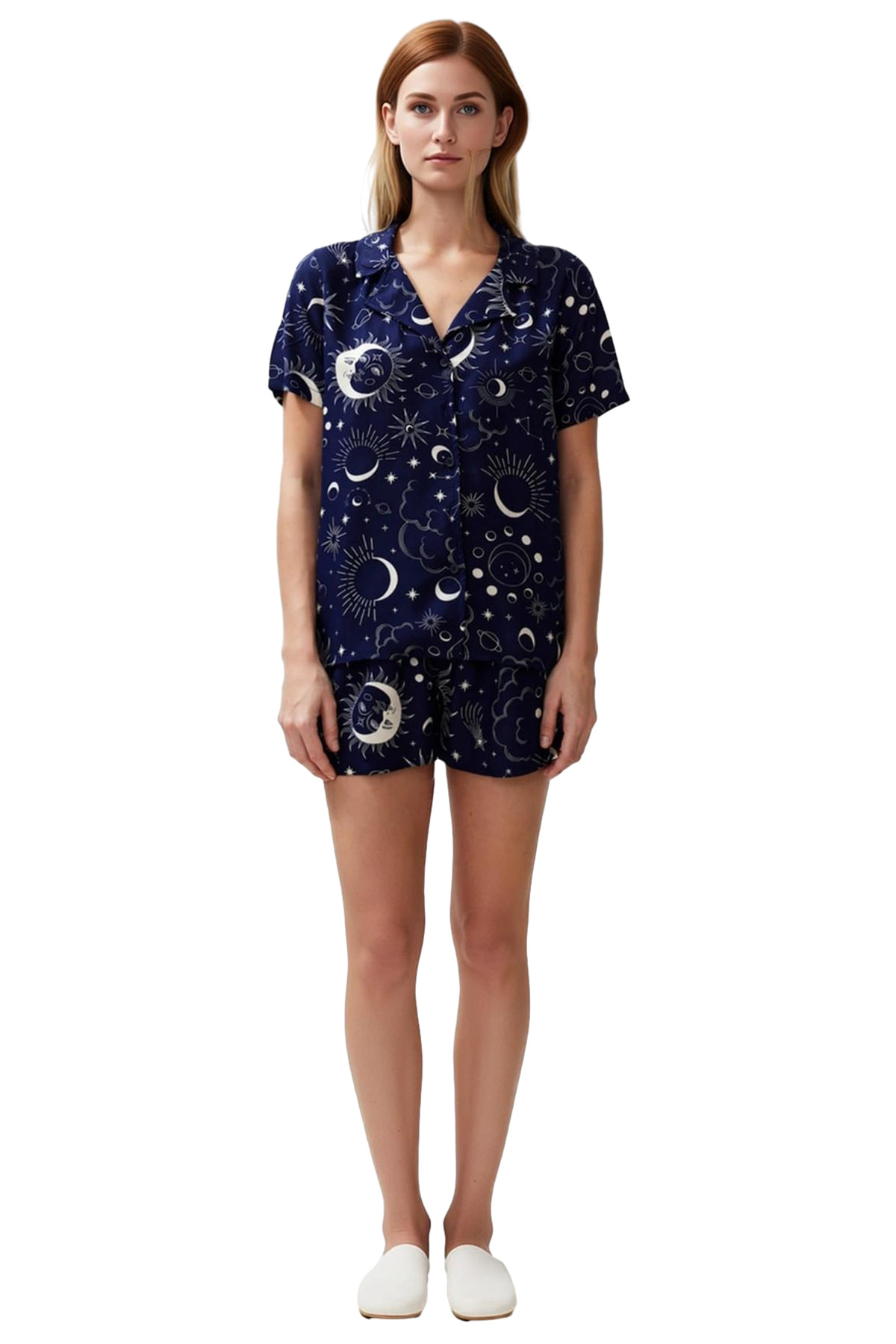 Kadın Galaksi Baskılı Viskon Gömlek ve Şort Pijama Takımı Fonksiyonel Dayanıklı Kaliteli Şık