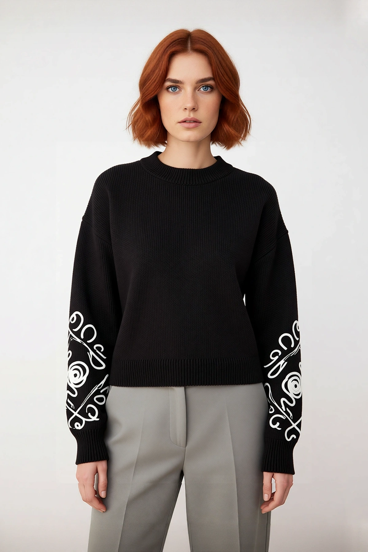 Kadın Oversize Bisiklet Yaka Kol İşlemeli Akrilik Triko Kazak Kışlık Günlük Şıklık Basic Rahat