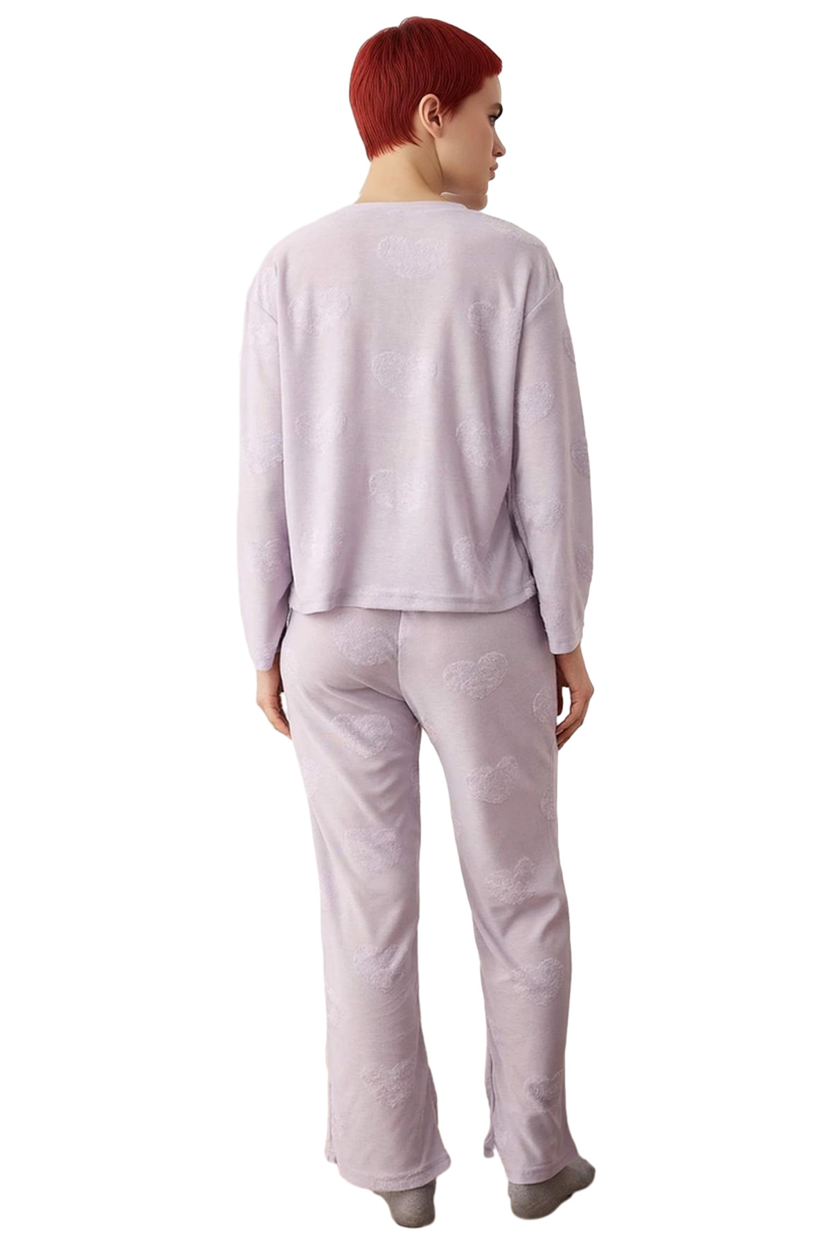 Kadın Lila Kalp Desenli Bisiklet Yaka Pijama Takımı Fonksiyonel Dayanıklı Kaliteli Estetik