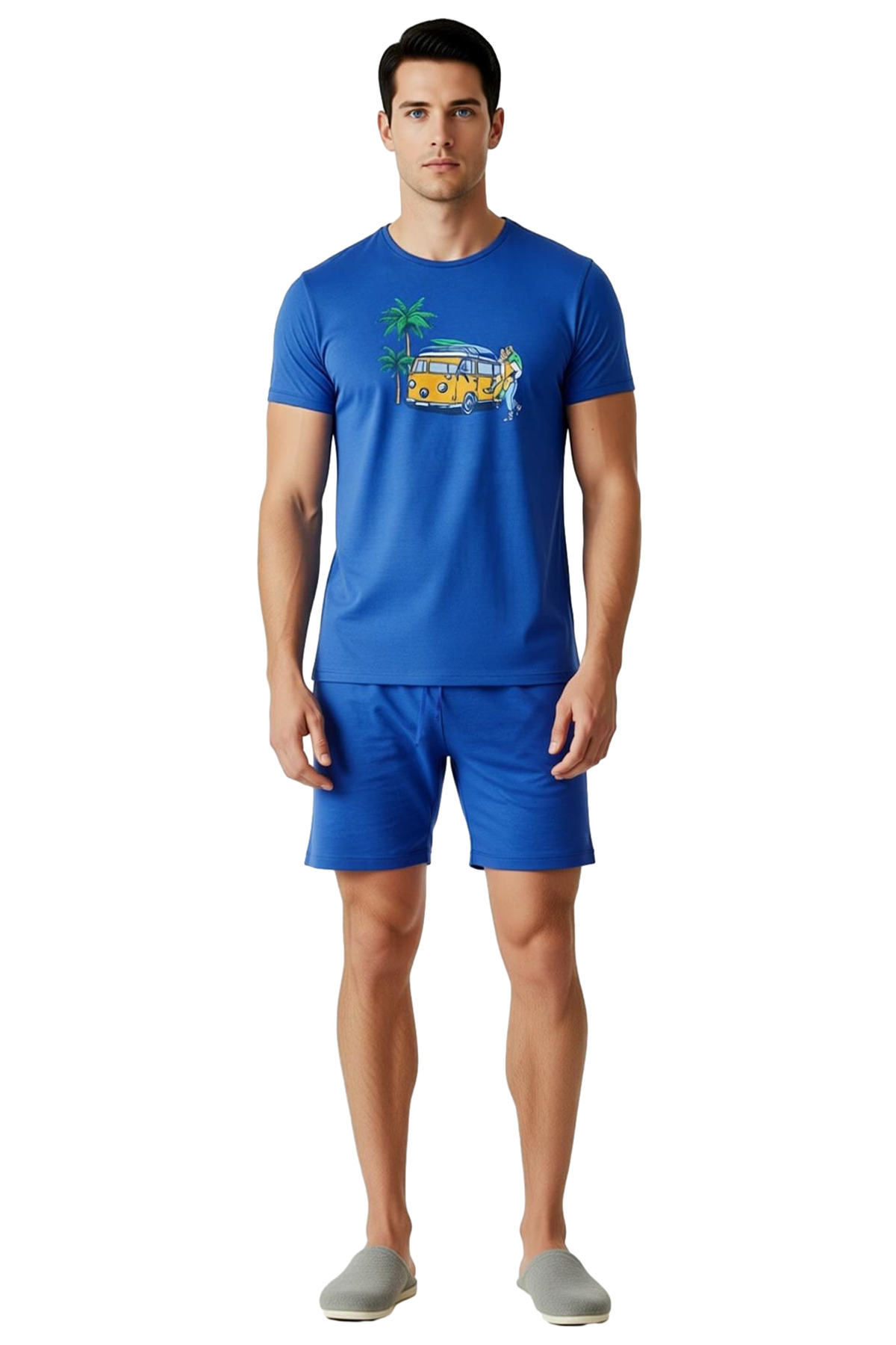 Erkek Baskılı Bisiklet Yaka Kısa Kollu T shirt ve Şort Pijama Takımı Fonksiyonel Dayanıklı