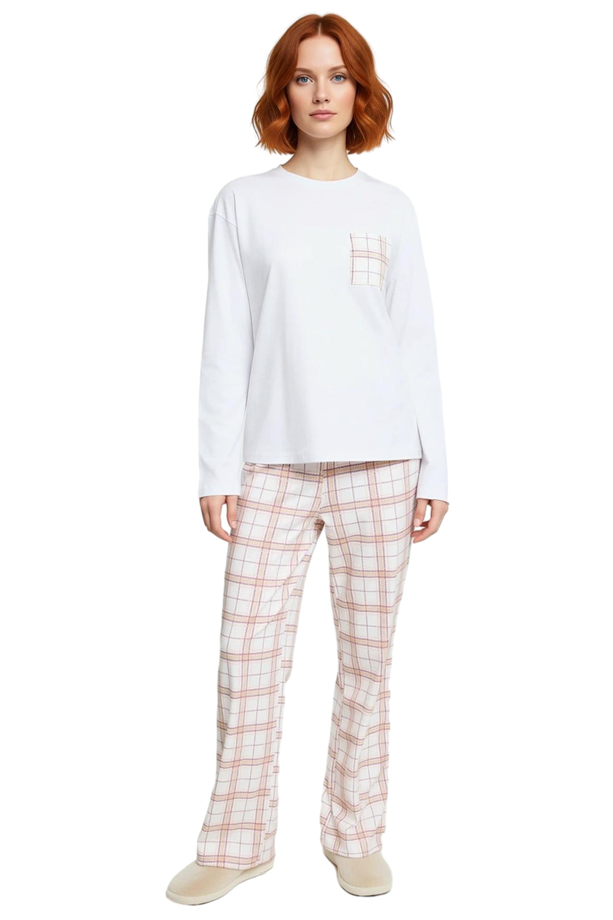 Kadın Ekoseli Pijama Takımı Uzun Kollu Bisiklet Yaka Fonksiyonel Dayanıklı Kaliteli Modern