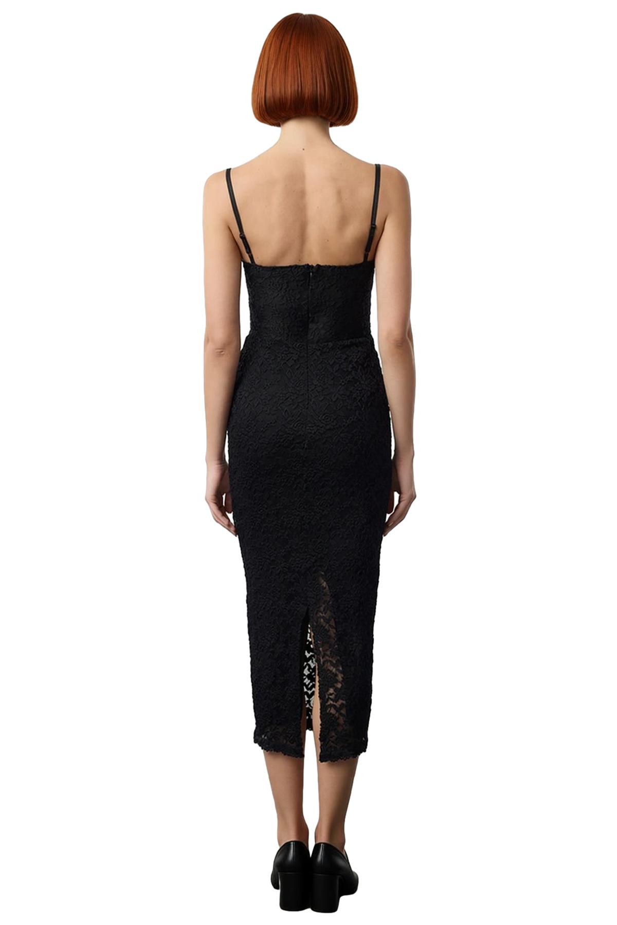 Kadın Şık Bodycon Midi Elbise İnce Askılı Kalp Yaka Dantel Detaylı Astarlı Özel Davet Elbisesi