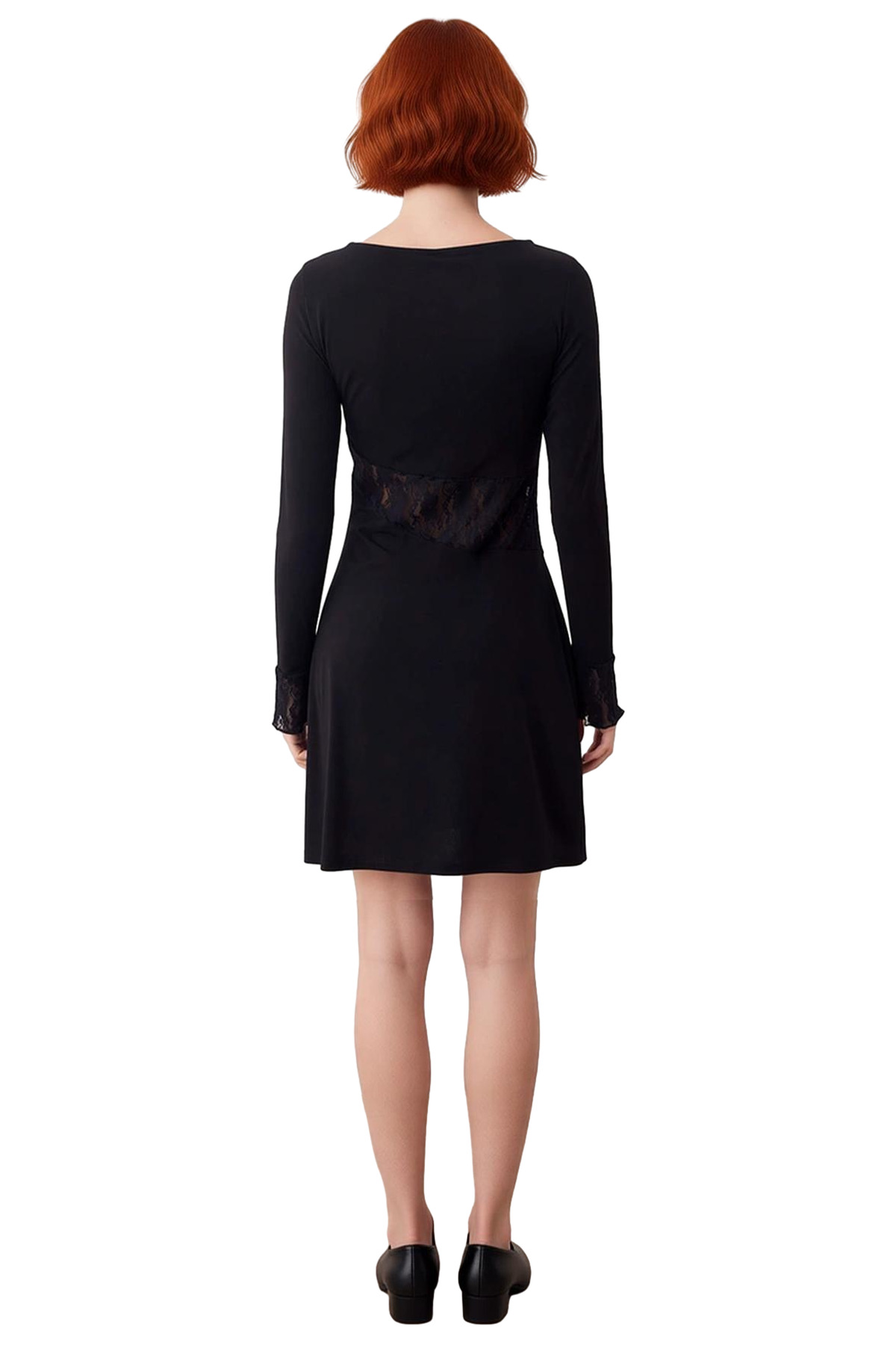 Kadın Bodycon Kesim Uzun Kollu Kayık Yaka Dantel Detaylı Mini Elbise Şık Kışlık Kombinlerinize
