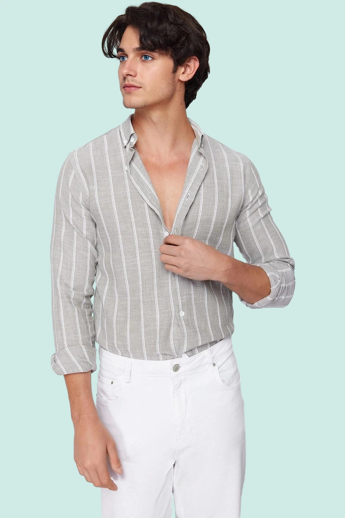Erkek Slim Fit Düğmeli Yaka Çizgili Uzun Kollu Dokuma Gömlek İş Ve Sosyal Ortamlar Estetik