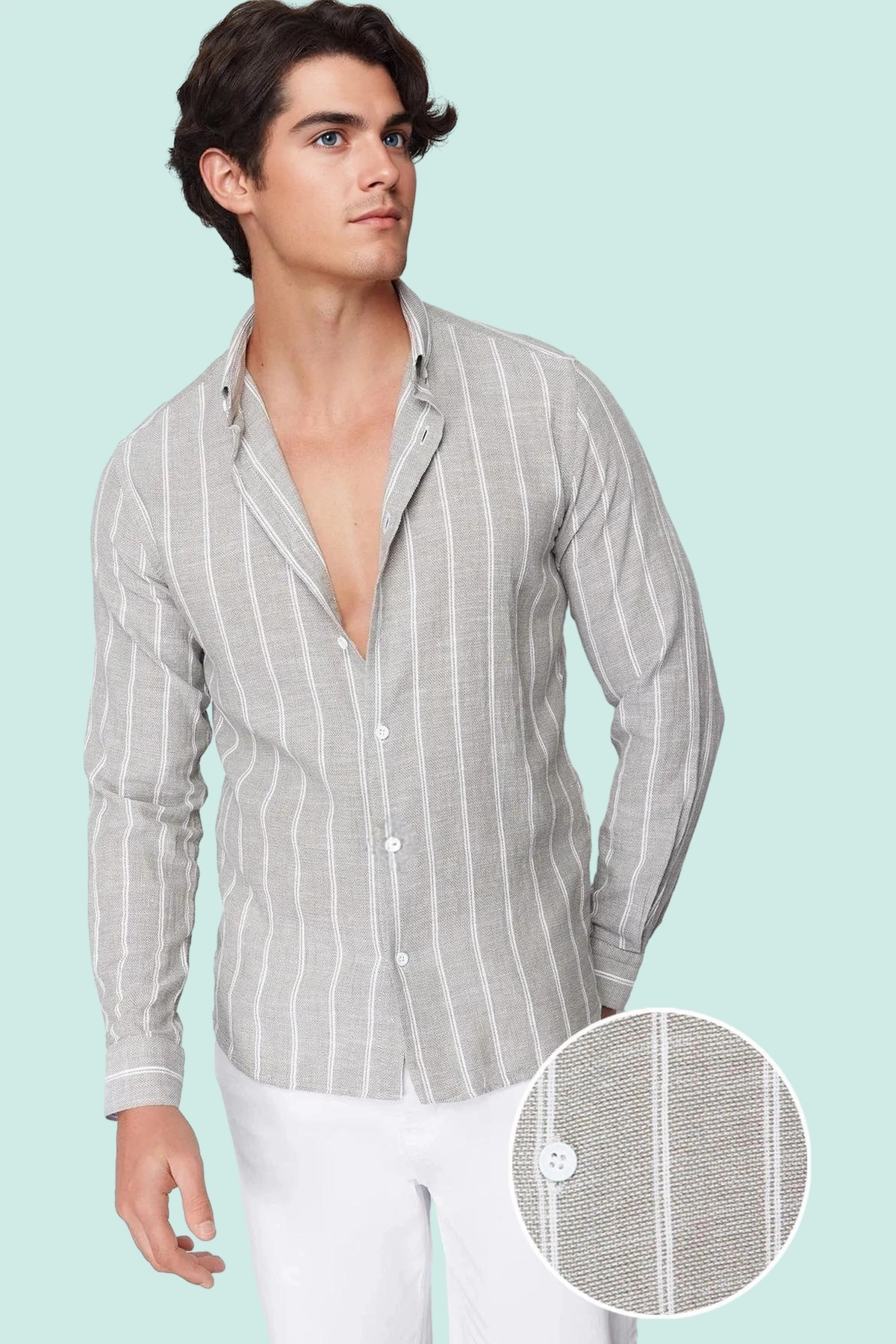 Erkek Slim Fit Düğmeli Yaka Çizgili Uzun Kollu Dokuma Gömlek İş Ve Sosyal Ortamlar Estetik