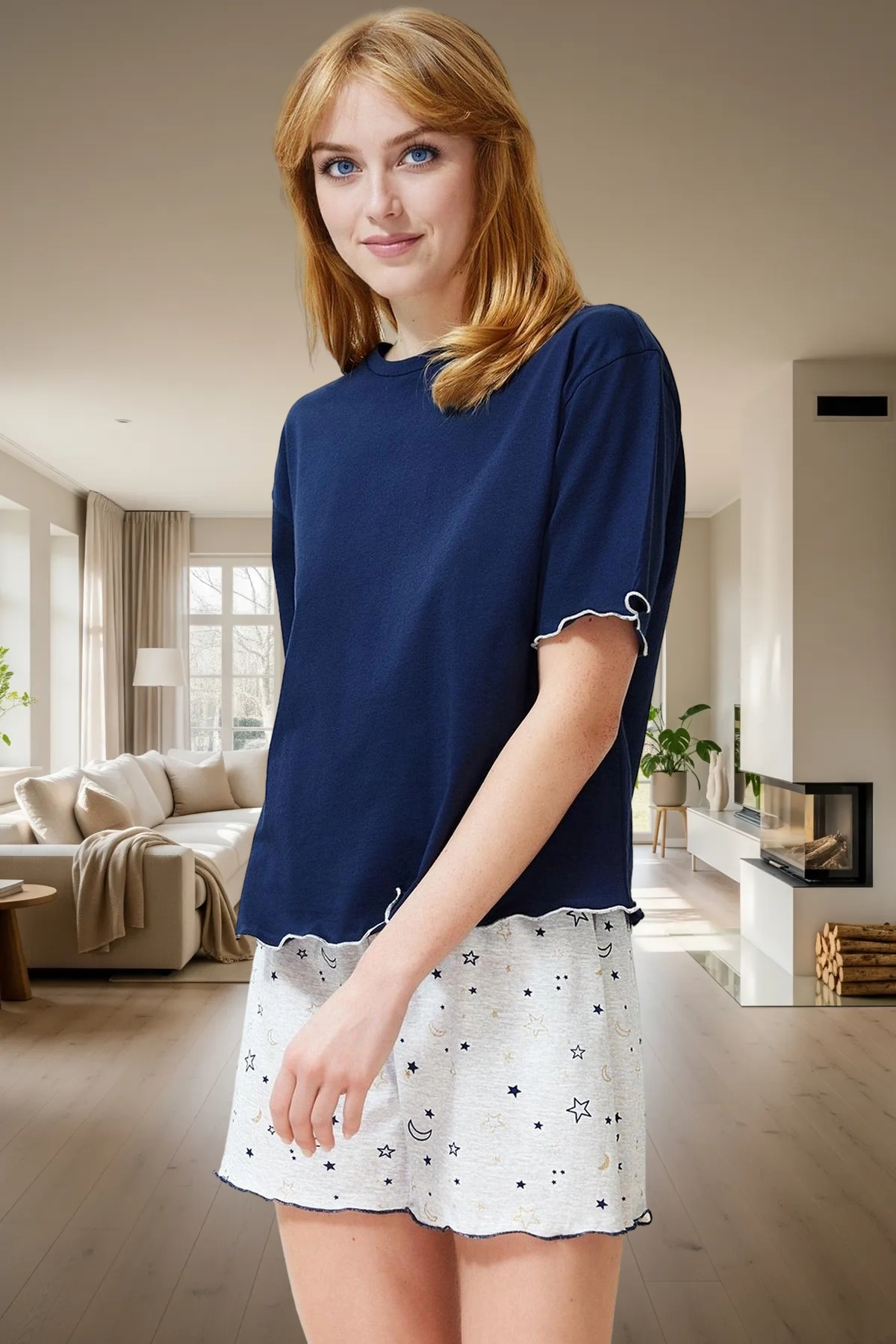 Kadın Galaksi Desenli Pijama Takımı Pamuk Polyester Örme Kumaş Kaliteli İşçilik Seçkin Malzeme