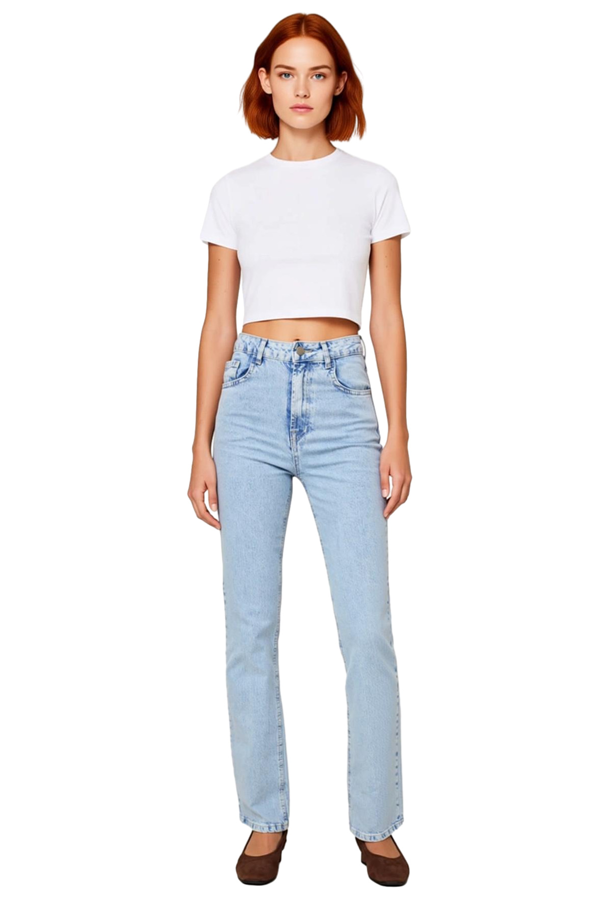 Kadın Açık Yüksek Bel Düz Kesim Denim Pantolon Fonksiyonel Dayanıklı Kaliteli Konforlu Şık