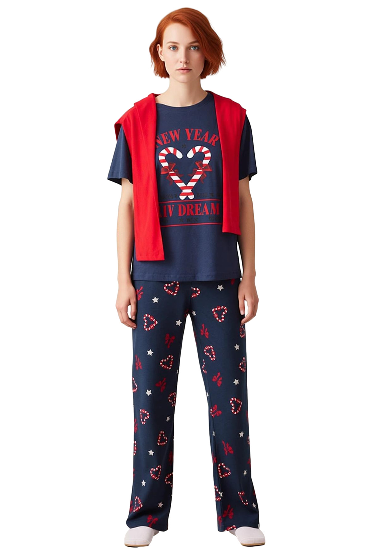 Kadın Yılbaşı Kalpli Pijama Takımı Fonksiyonel Dayanıklı Kaliteli Konforlu Estetik Premium