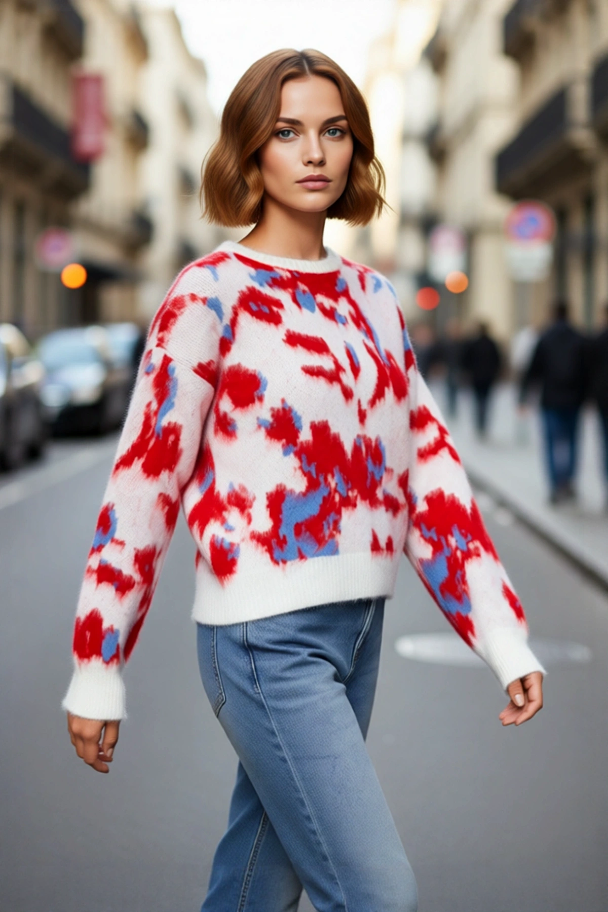 Kadın Oversize Bisiklet Yaka Batik Desenli Düşük Kol Akrilik Triko Kazak Günlük Şıklık Kaliteli