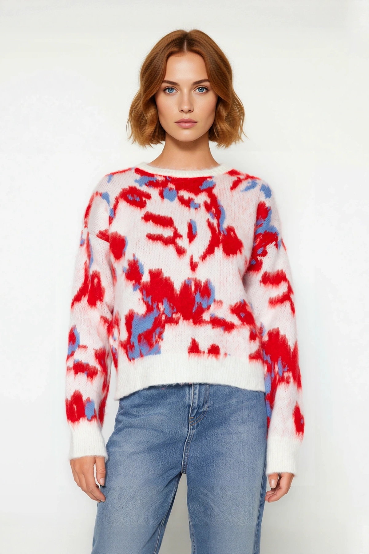 Kadın Oversize Bisiklet Yaka Batik Desenli Düşük Kol Akrilik Triko Kazak Günlük Şıklık Kaliteli