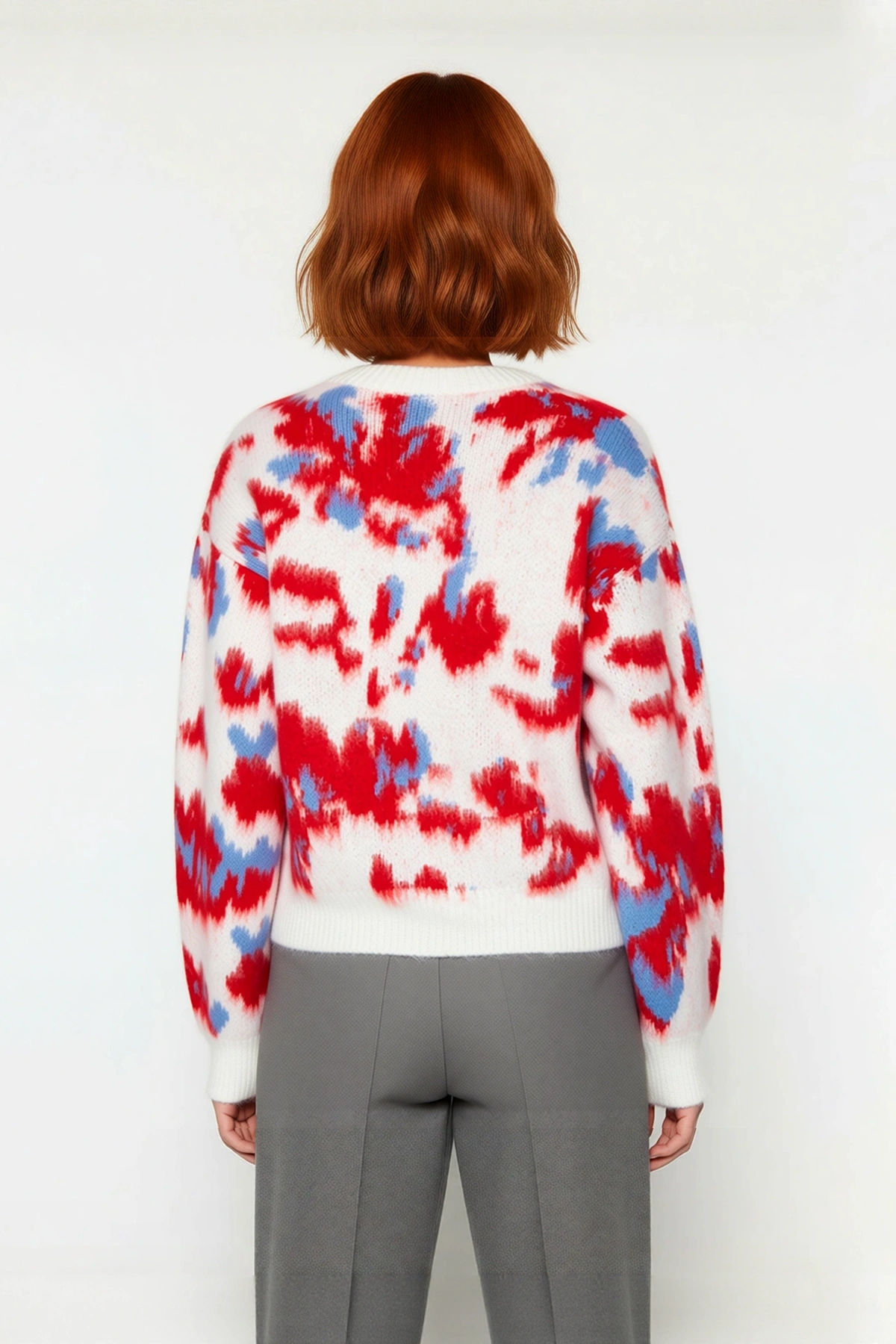 Kadın Oversize Bisiklet Yaka Batik Desenli Düşük Kol Akrilik Triko Kazak Günlük Şıklık Kaliteli