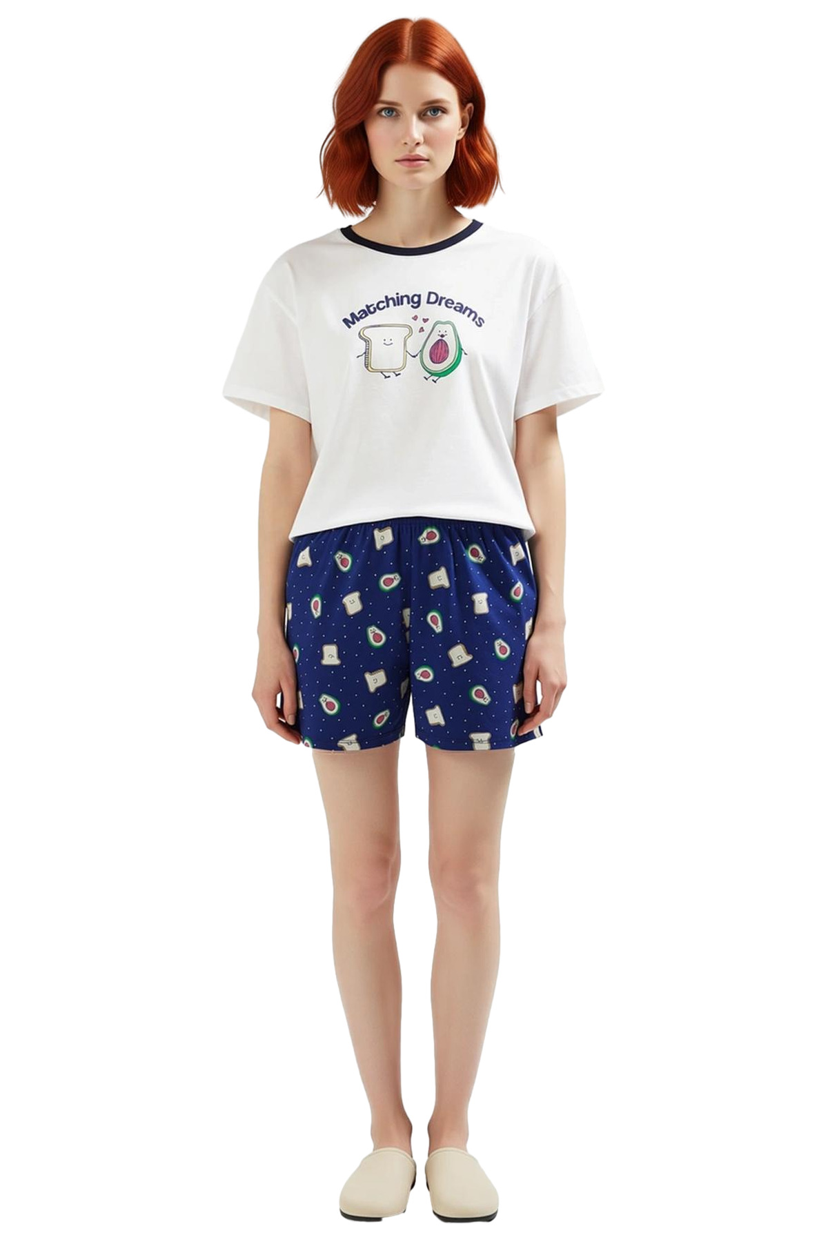 Kadın Yazlık Pamuklu Pijama Takımı Regular Kalıp Avokado Desenli Seçkin Malzeme Mükemmel Uyum