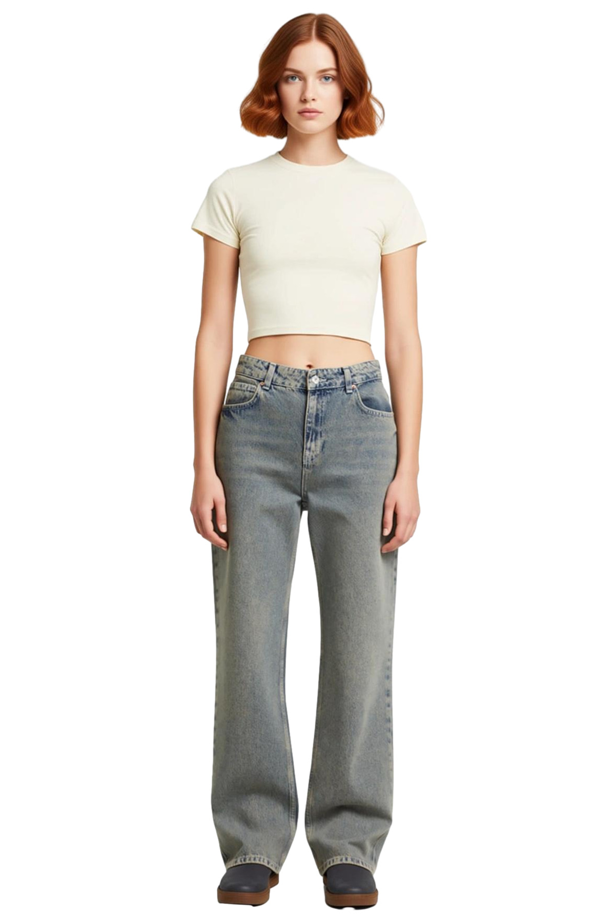 Kadın Vintage Yıkama Efektli Straight Kesim Jean Pantolon Fonksiyonel Dayanıklı Kaliteli Şık