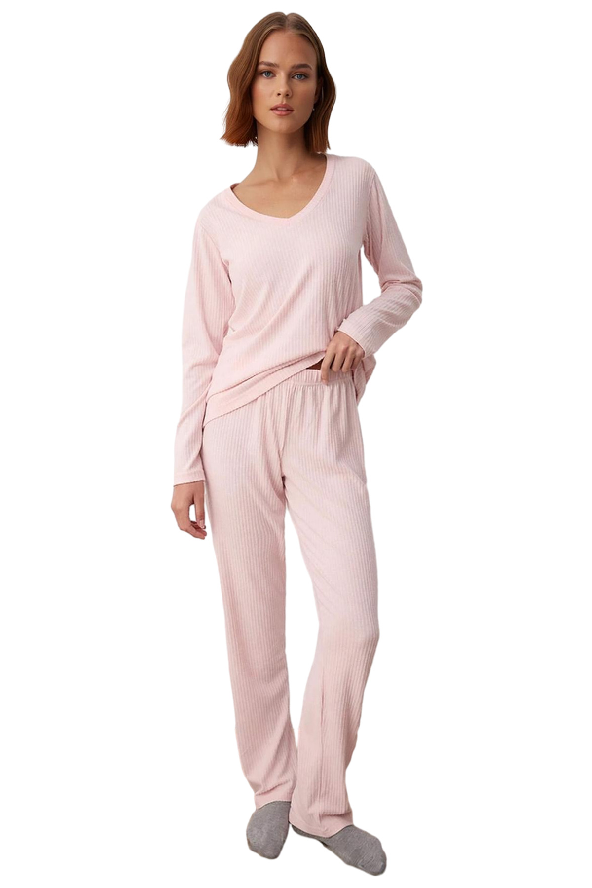 Kadın V Yaka Fitilli Örme Pijama Takımı Fonksiyonel Dayanıklı Kaliteli Konforlu Estetik Şık