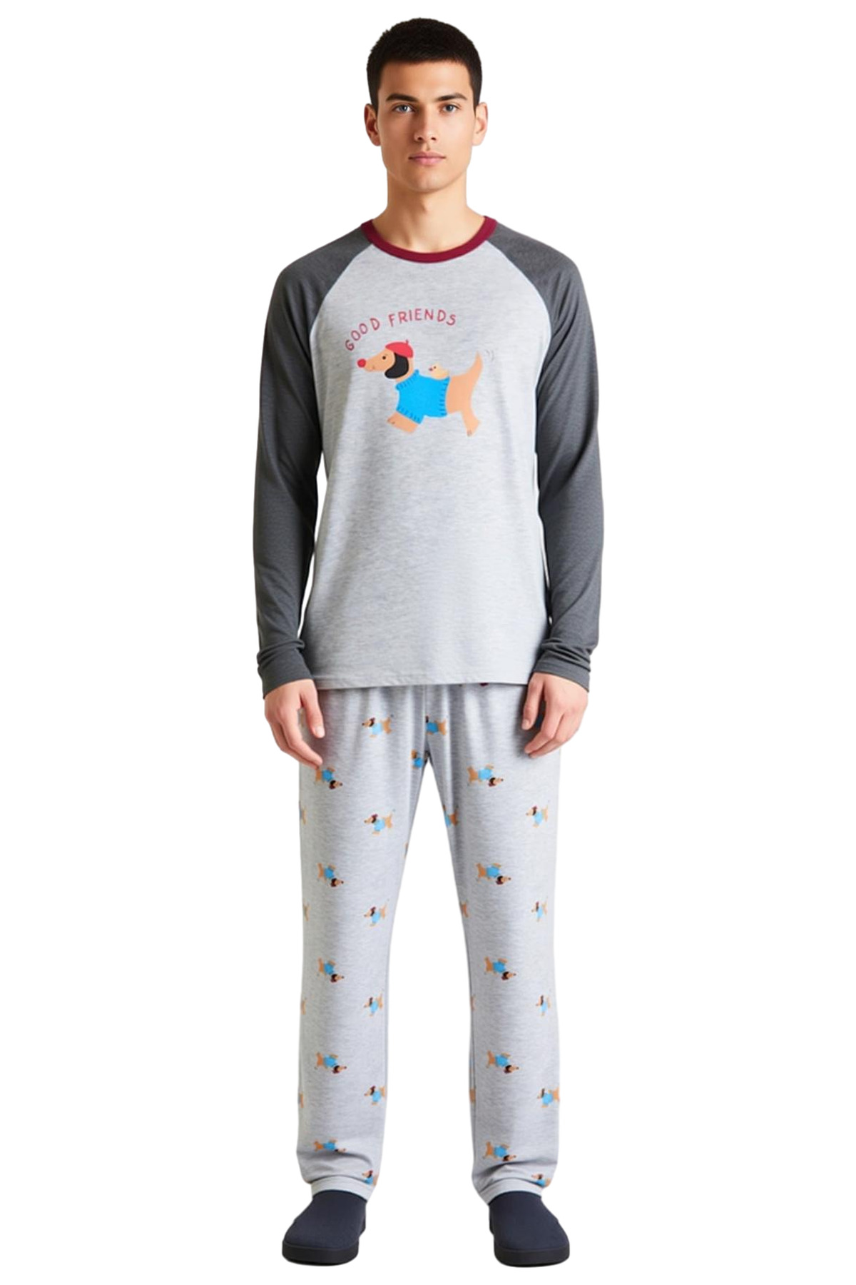 Erkek Köpek Baskılı Bisiklet Yaka Reglan Kol Pijama Takımı Fonksiyonel Dayanıklı Kaliteli Şık