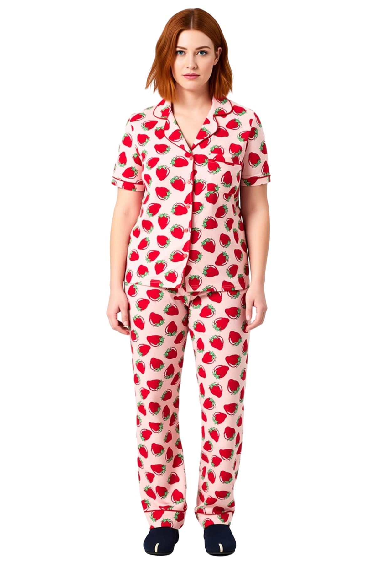 Çilek Desenli Gömlek Ve Boru Paça Pijama Takımı Kadın Fonksiyonel Dayanıklı Kaliteli Rahat