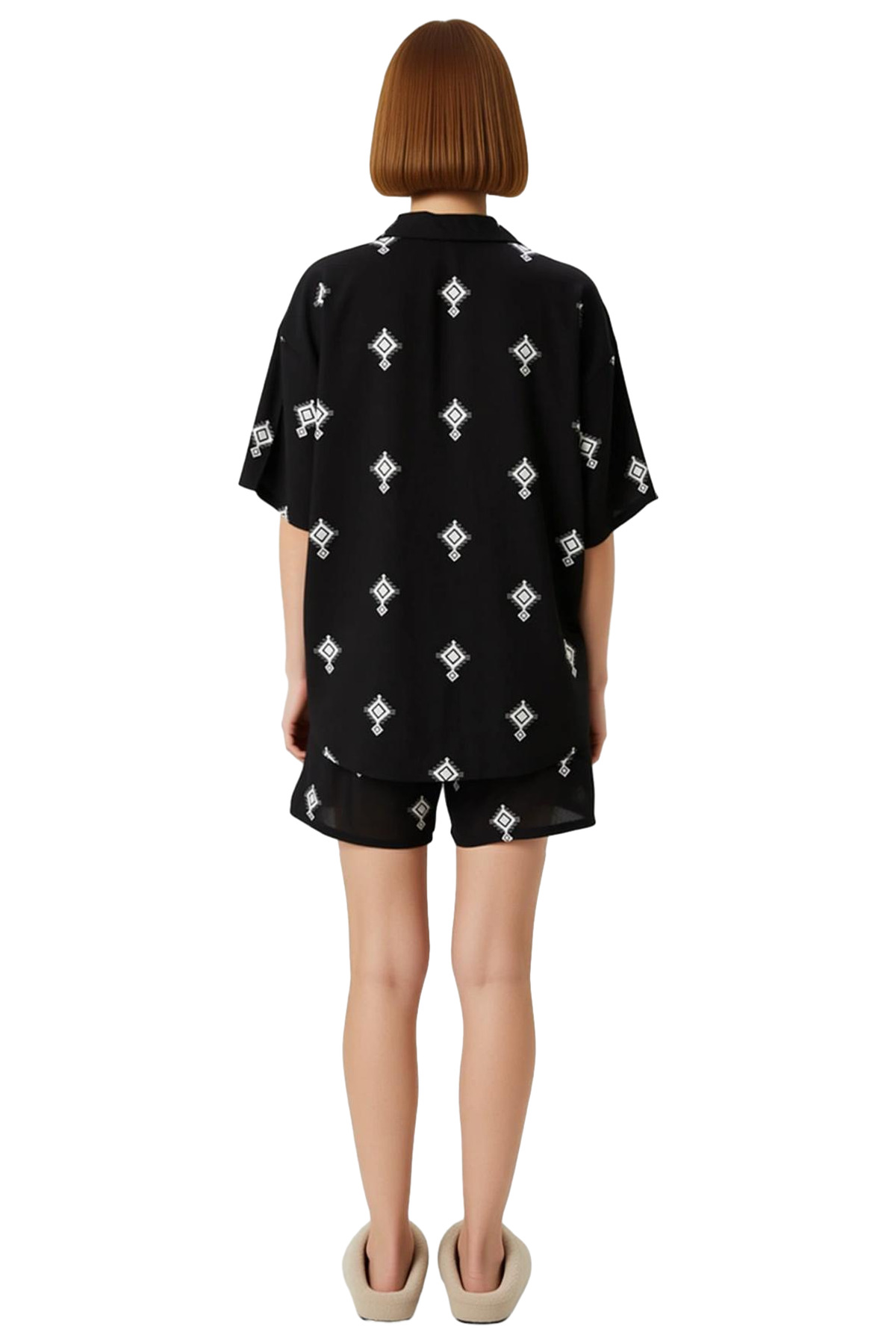 Kadın Etnik Desenli Shally Kumaş Rahat Pijama Takımı Şık Görünüm Uzun Ömürlü Mükemmel Uyum