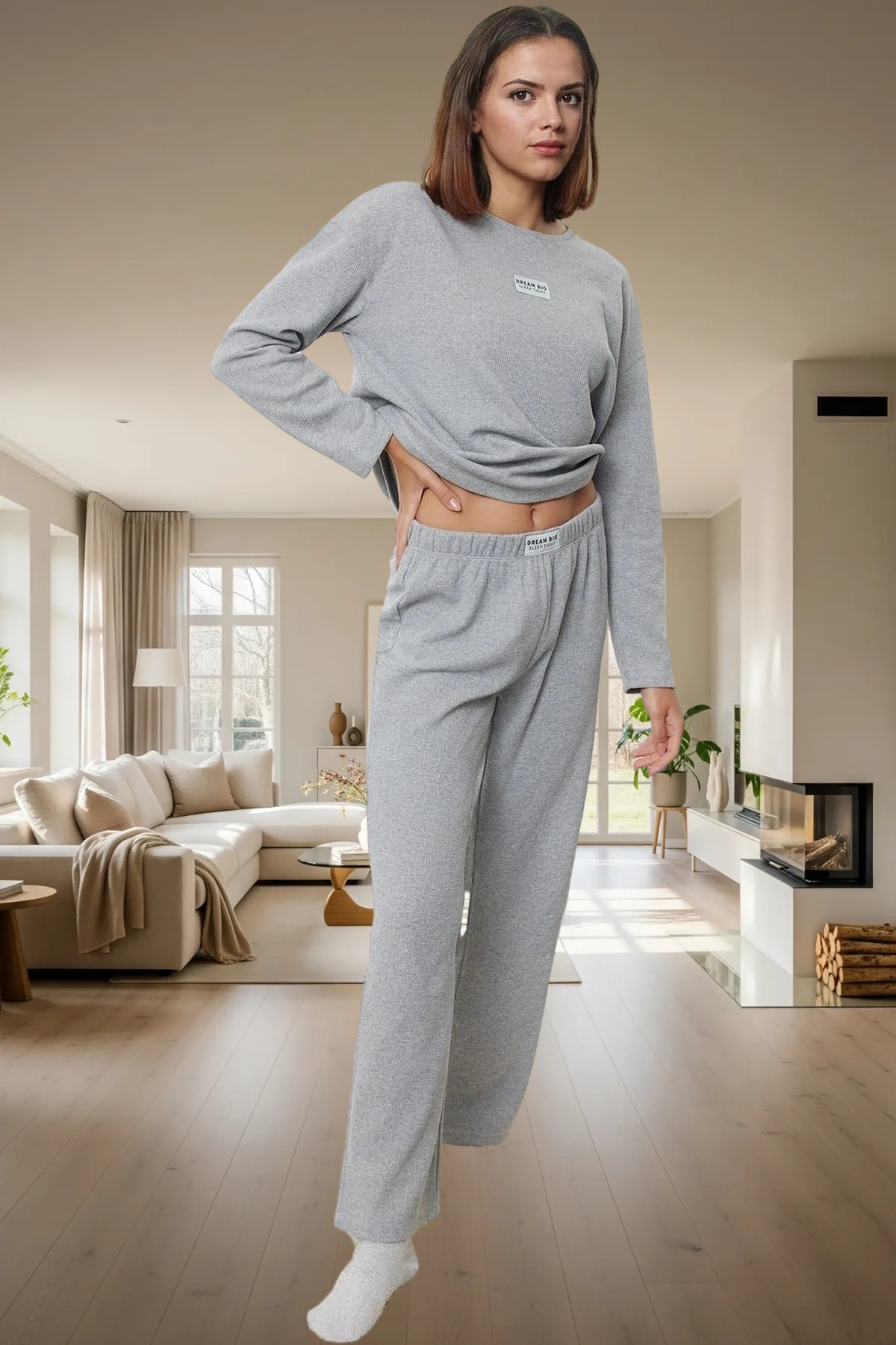 Kadın Waffle Kumaş Pijama Takımı Regular Kalıp Uzun Paça Homewear Kaliteli İşçilik Premium Kalite