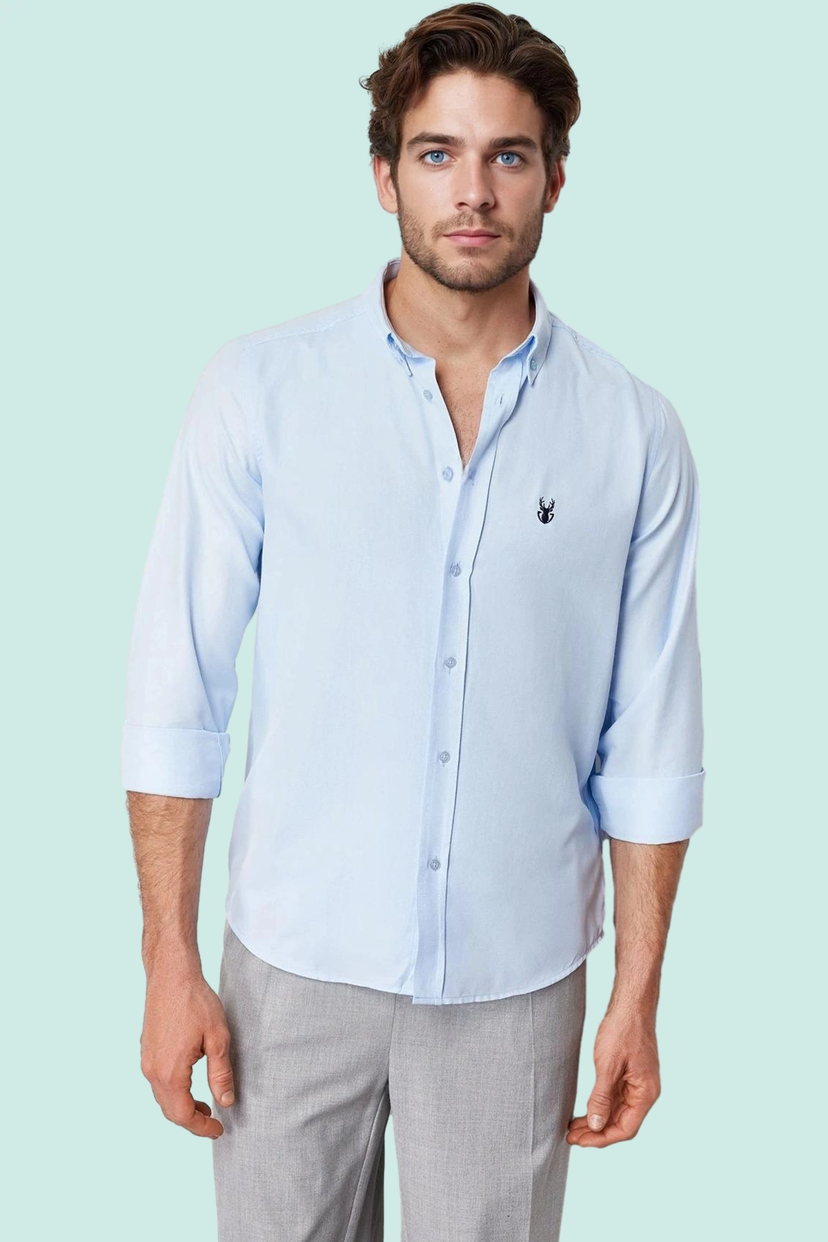 Erkek Slim Fit Nakış Detaylı Uzun Kollu Oxford Dokuma Gömlek Günlük Şıklık Sunar Dayanıklı