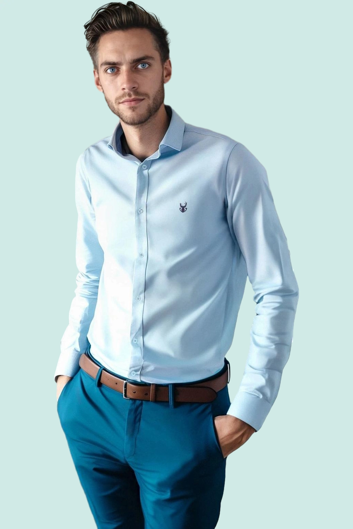 Erkek Slim Fit Nakış Detaylı Uzun Kollu Oxford Dokuma Gömlek Günlük Şıklık Sunar Dayanıklı