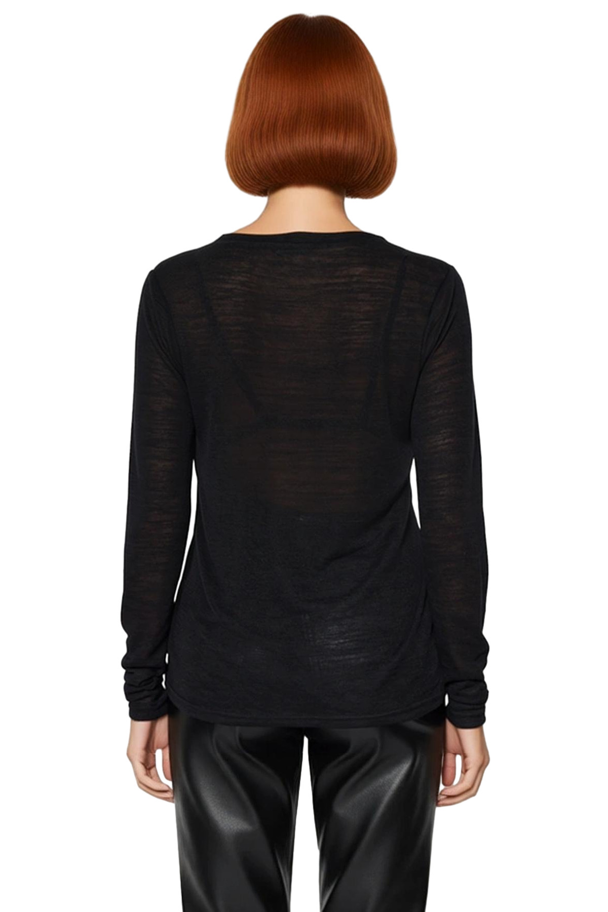 Kadın Regular Kalıp V Yaka Uzun Kollu İnce Örme Bluz Polyester Keten Görünümlü Basic Stili Kışlık
