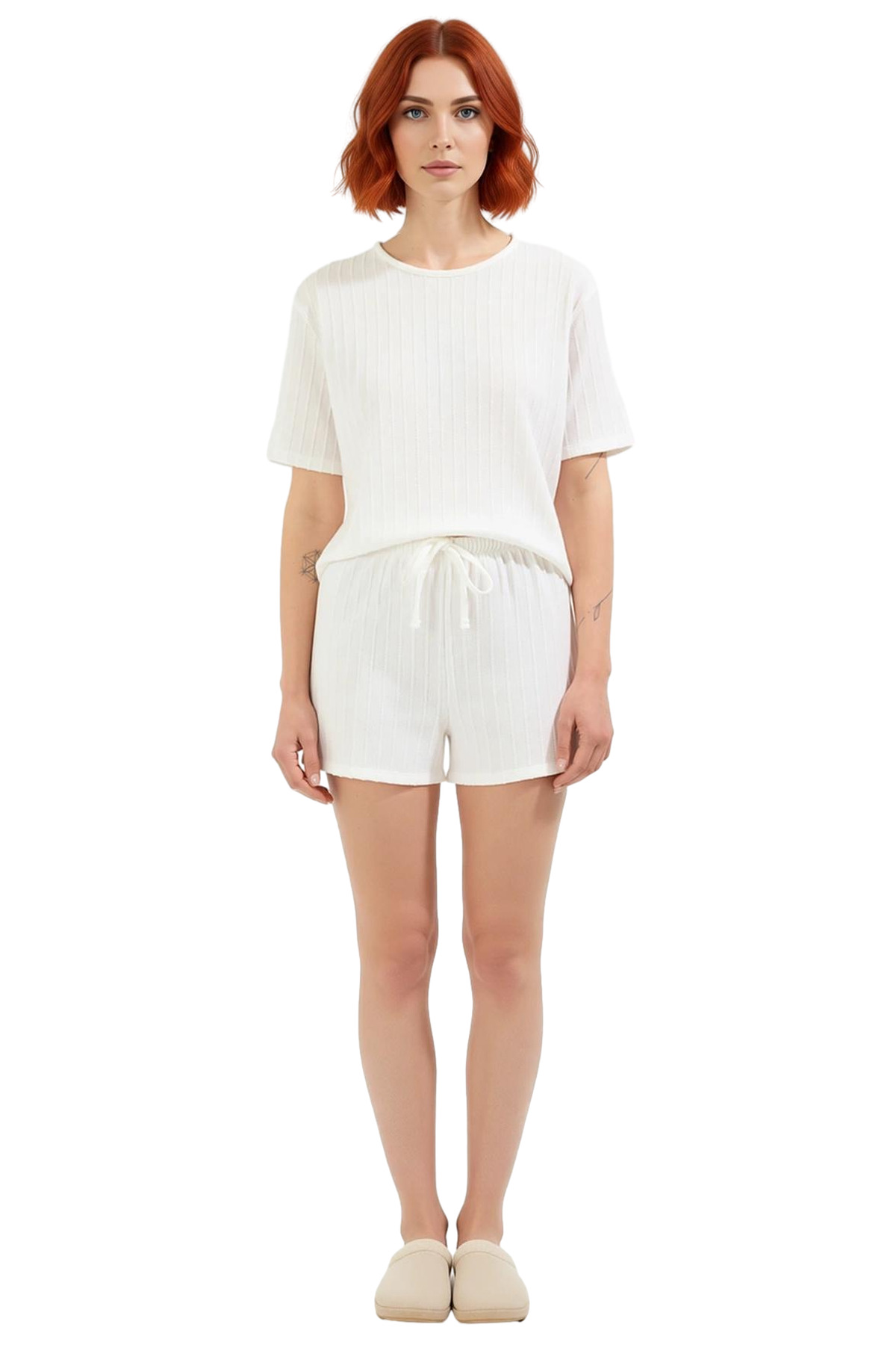 Kadın Rahat Örme Pijama Takımı Şortlu Kısa Kollu Yazlık Modern Stil Günlük Kullanım İçin